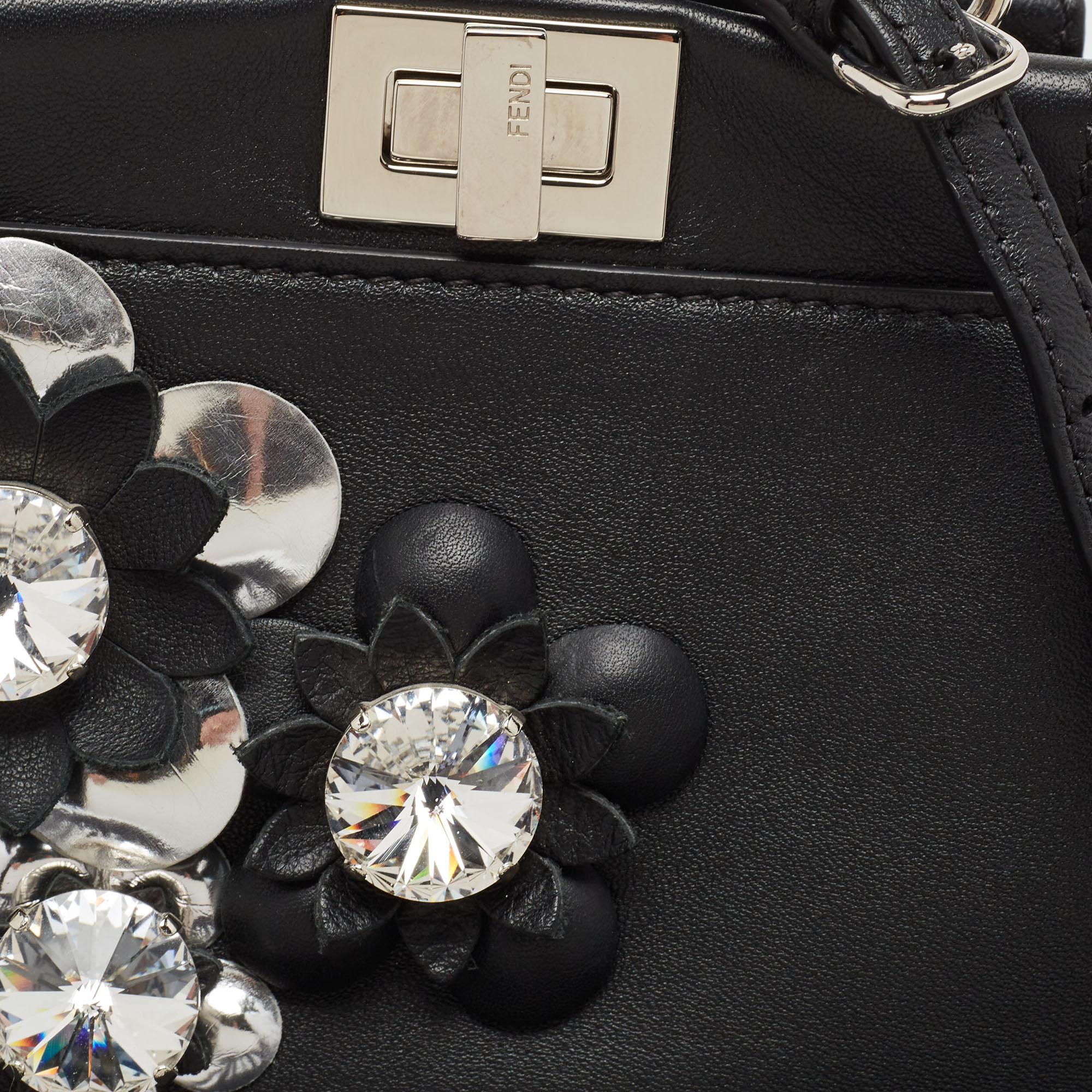 Fendi Black Leather Micro Crystal Embellished Peekaboo Crossbody Bag