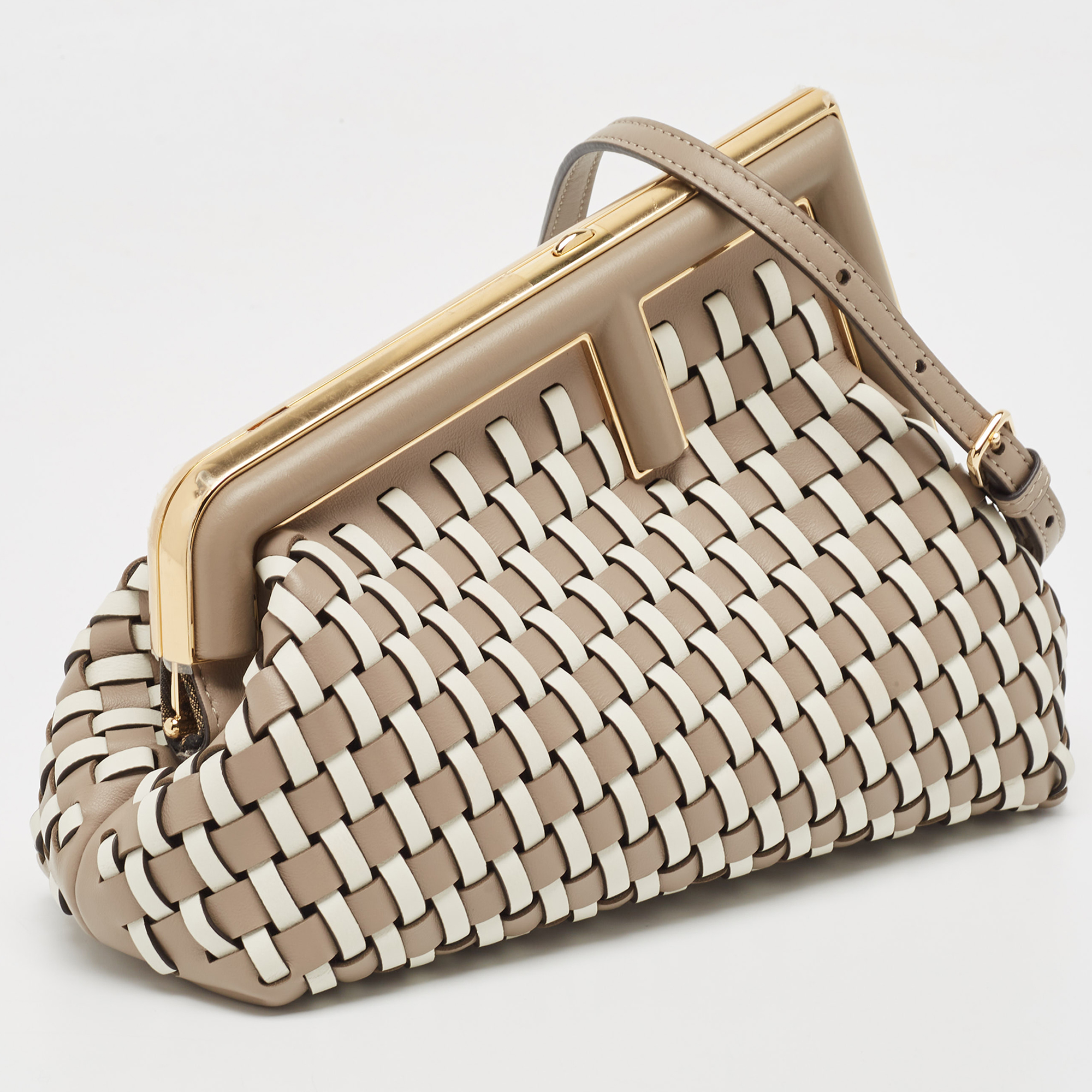 Fendi Beige/White Woven Leather Small First Shoulder Bag