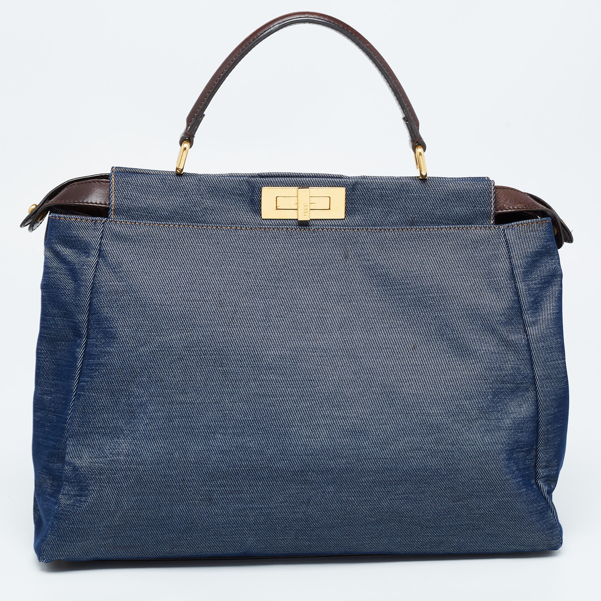 Fendi Blue/Brown Denim And Leather Large Peekaboo Top Handle Bag