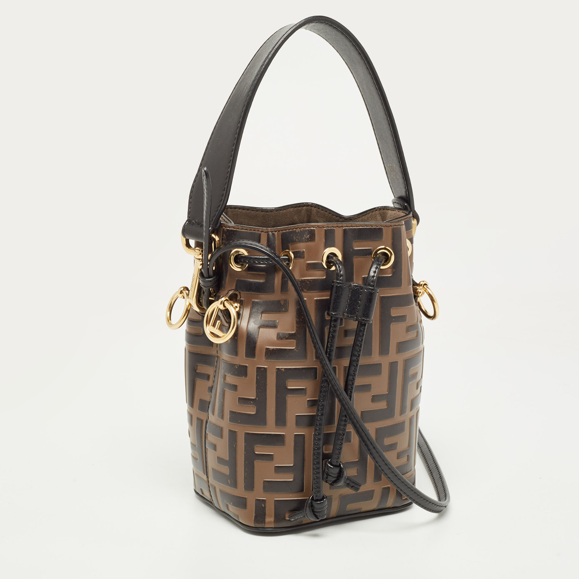 Fendi Brown/Black Zucca Leather Mini Mon Tresor Drawstring Bucket Bag