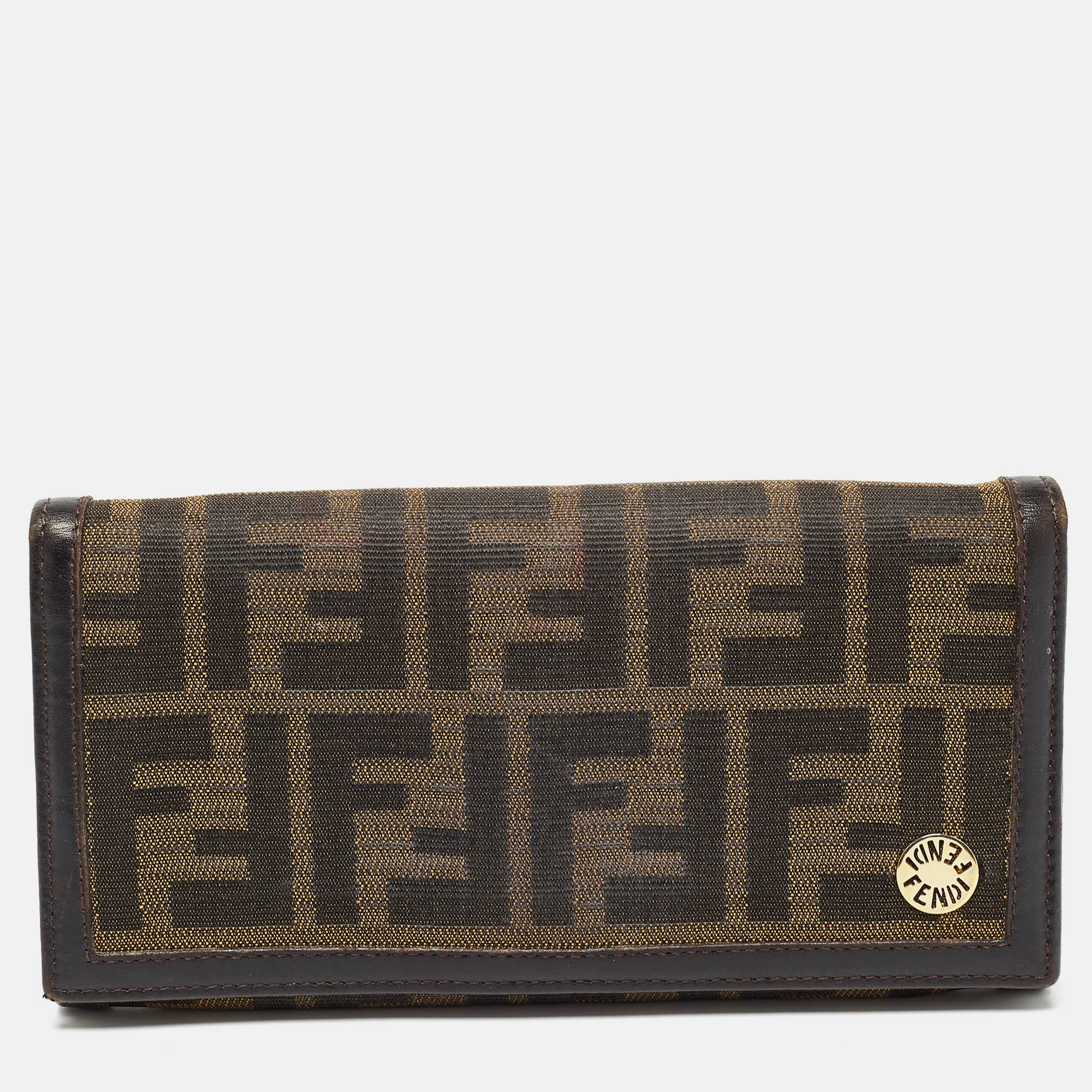 Fendi tobacco zucca canvas and leather flap continental wallet