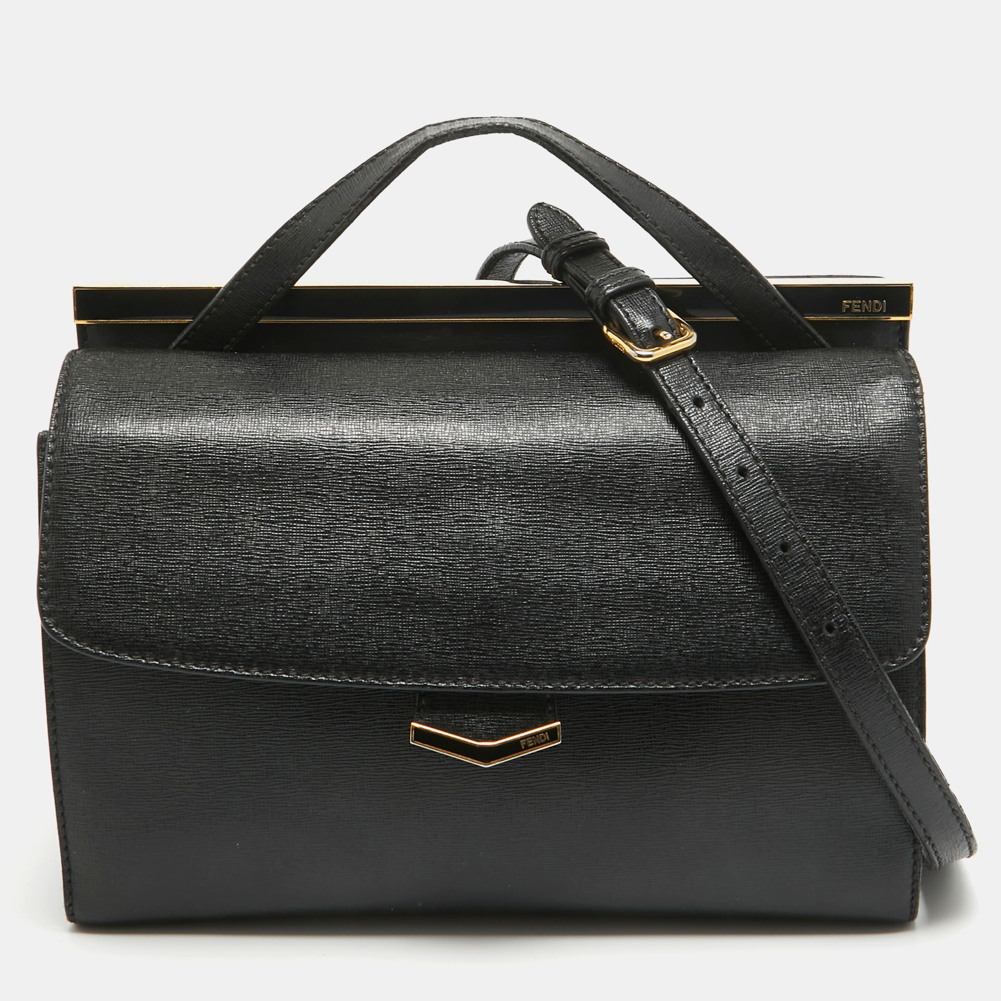 Fendi black leather small demi jour top handle bag