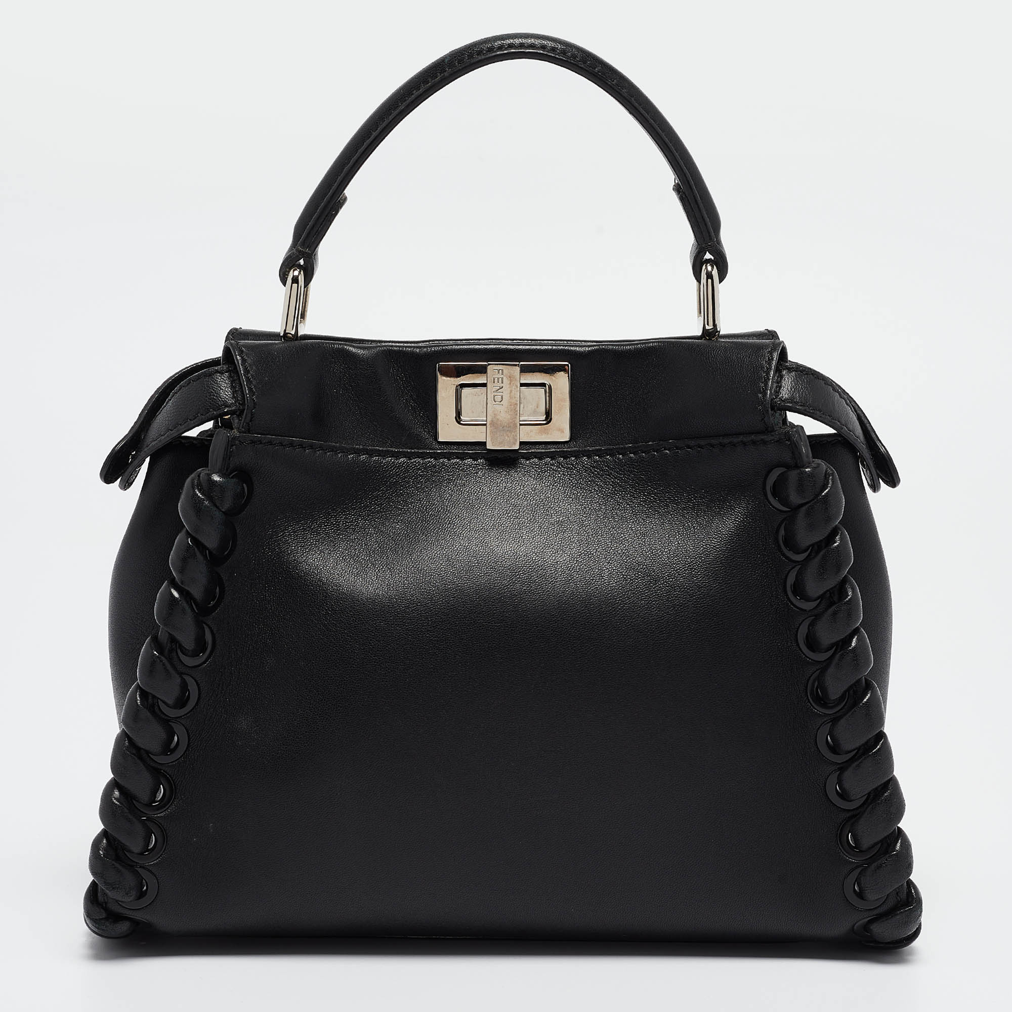 Fendi Black Leather Mini Whipstitched Peekaboo Top Handle Bag