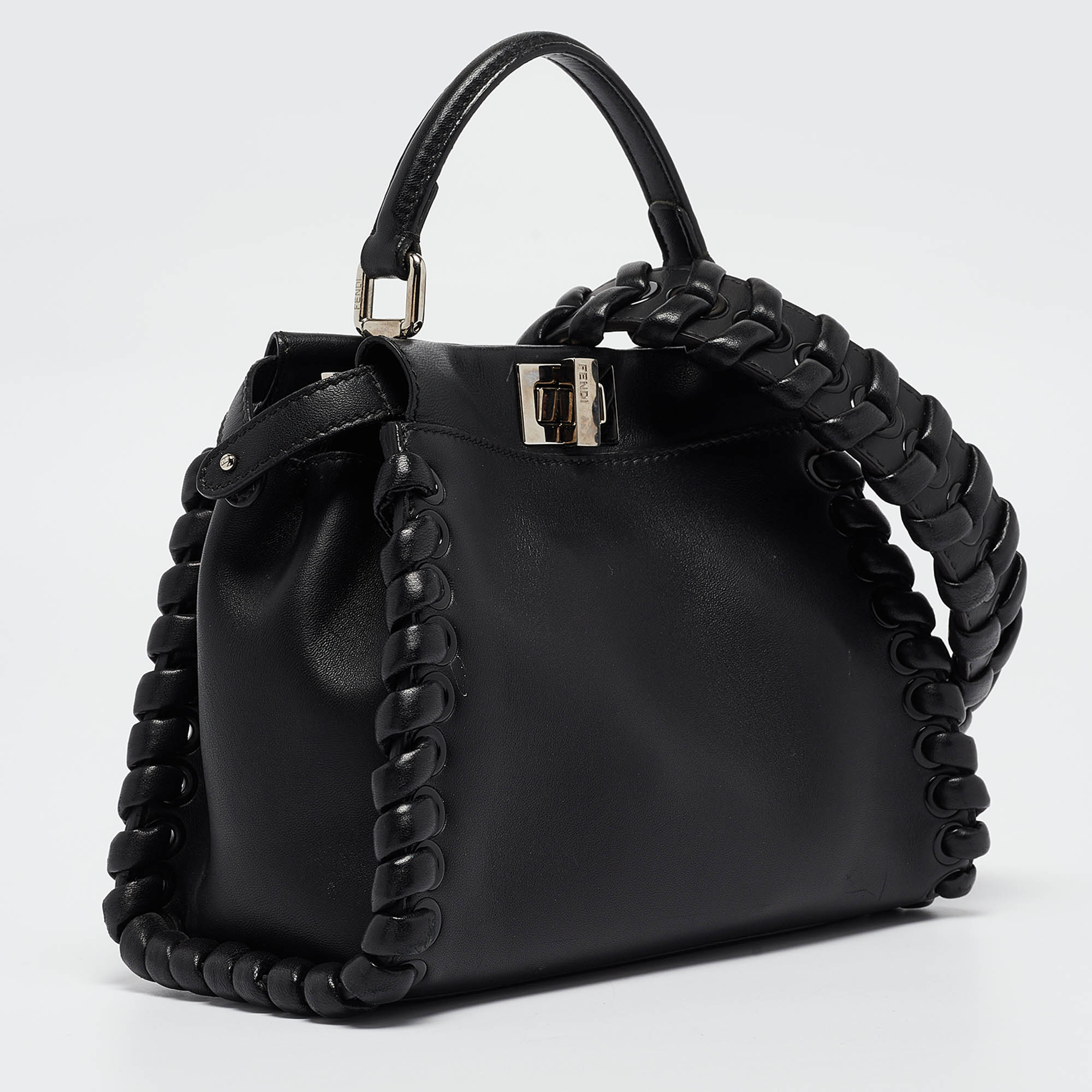 Fendi Black Leather Mini Whipstitched Peekaboo Top Handle Bag