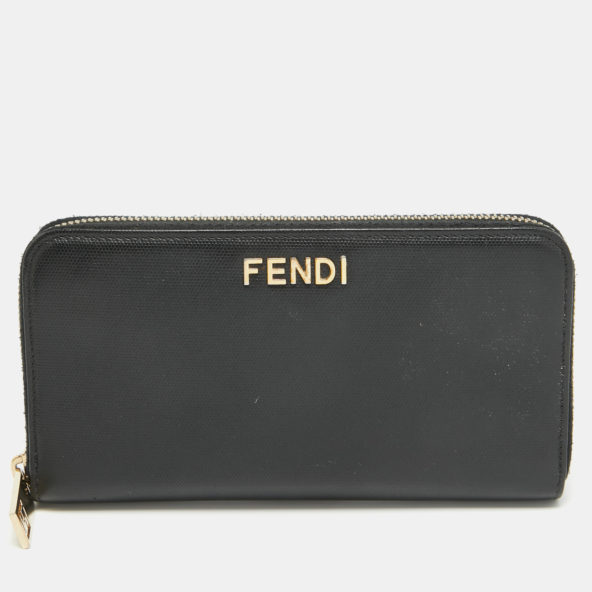 Fendi black leather logo zip around continental wallet