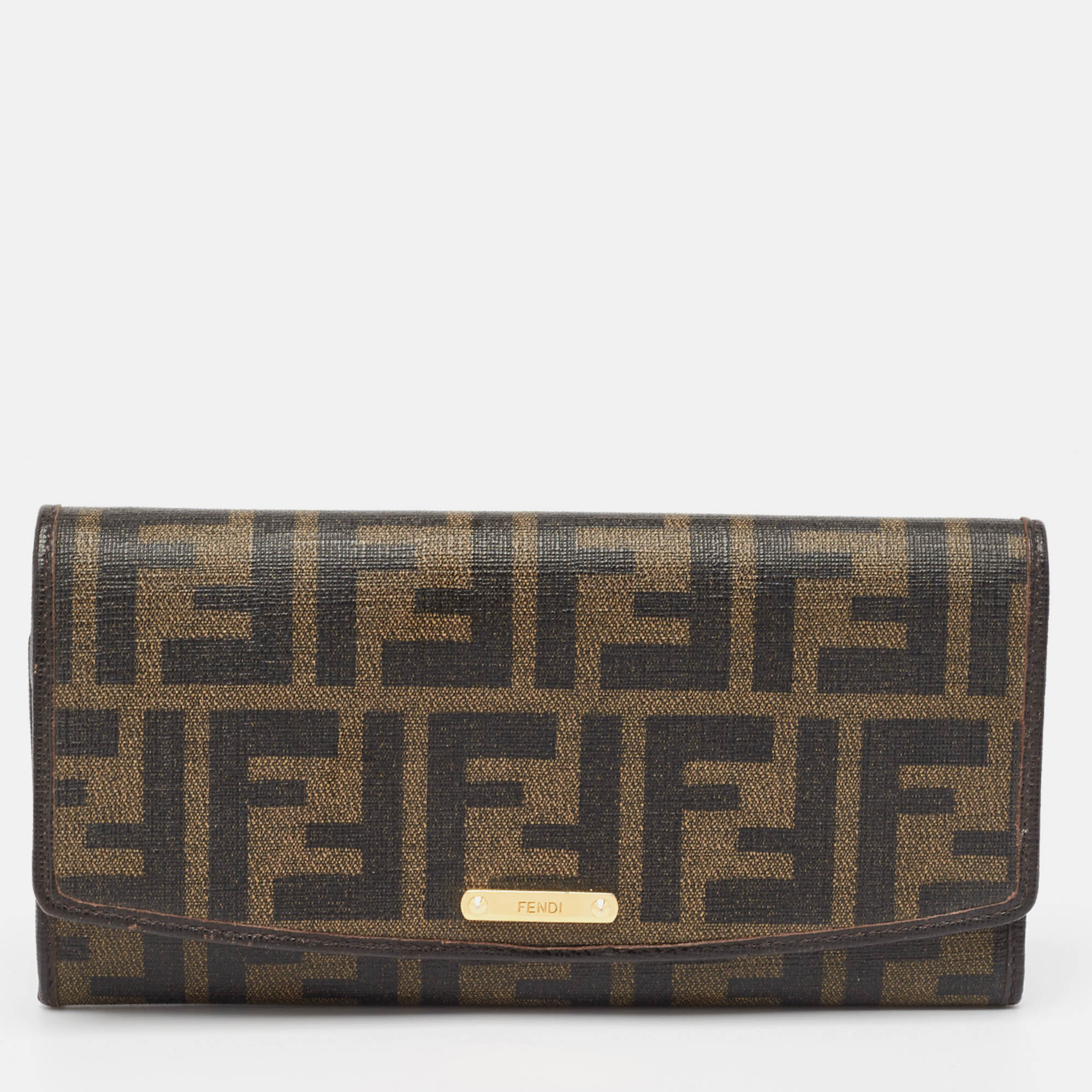 Fendi brown zucca coated canvas flap continental wallet