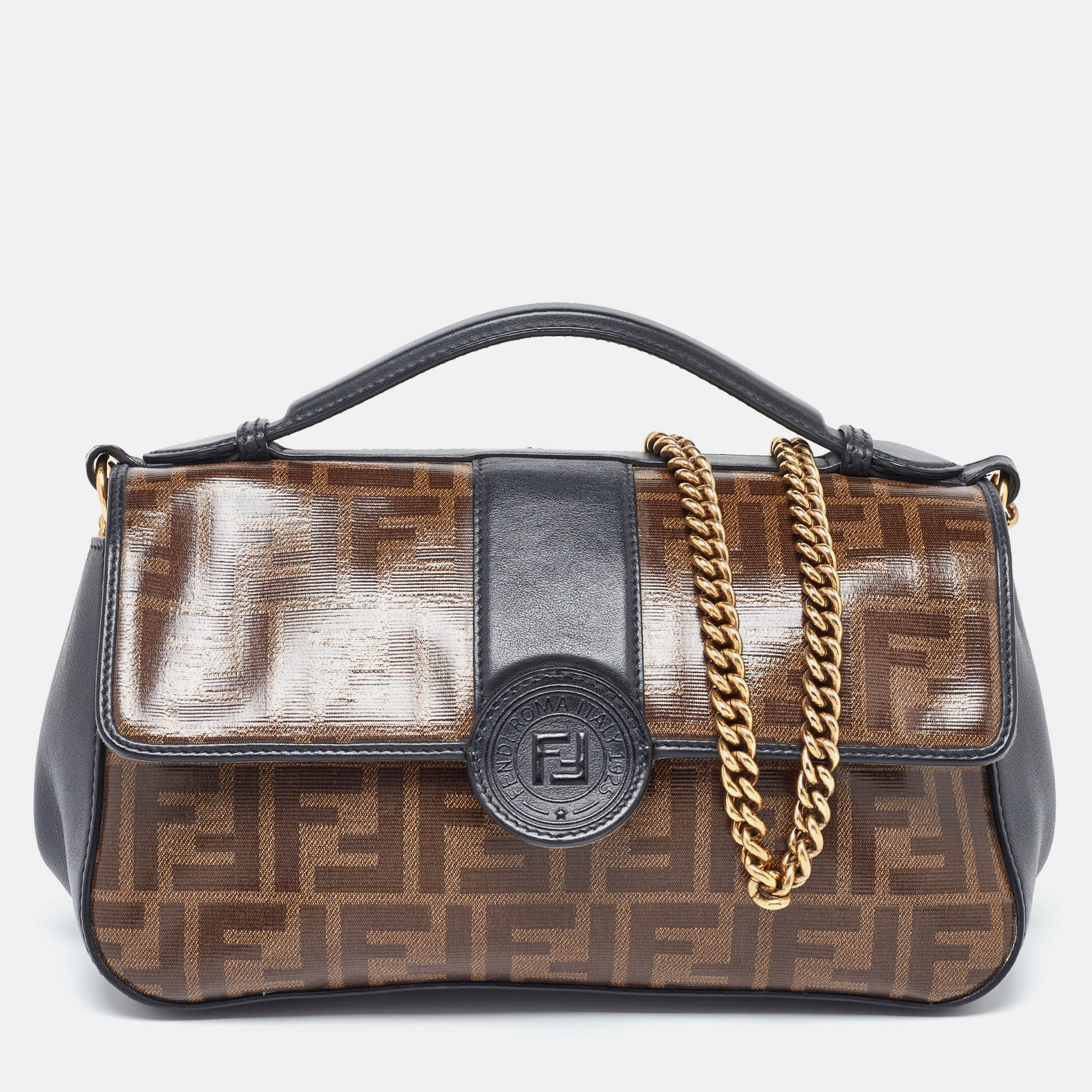 Fendi black/tobacco zucca coated canvas and leather double f top handle bag