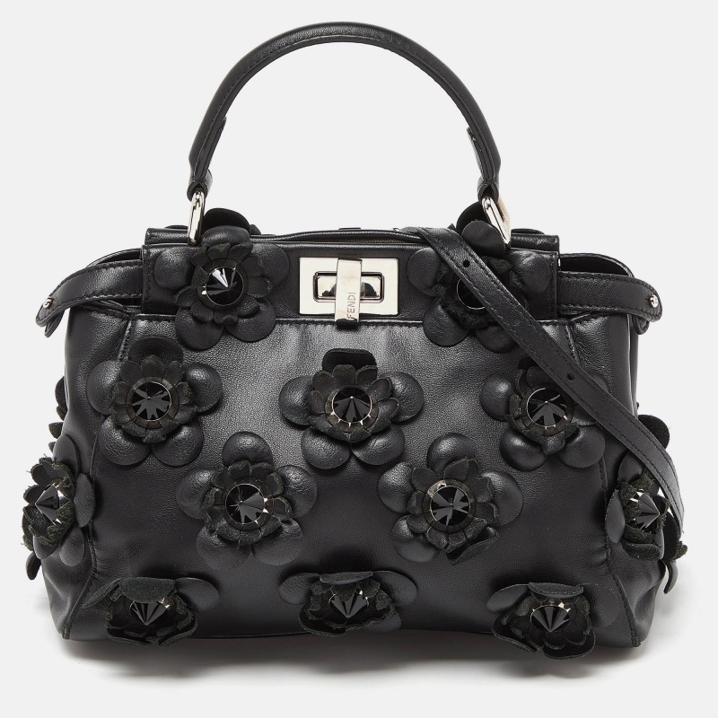 Fendi black leather mini peekaboo flowerland top handle bag