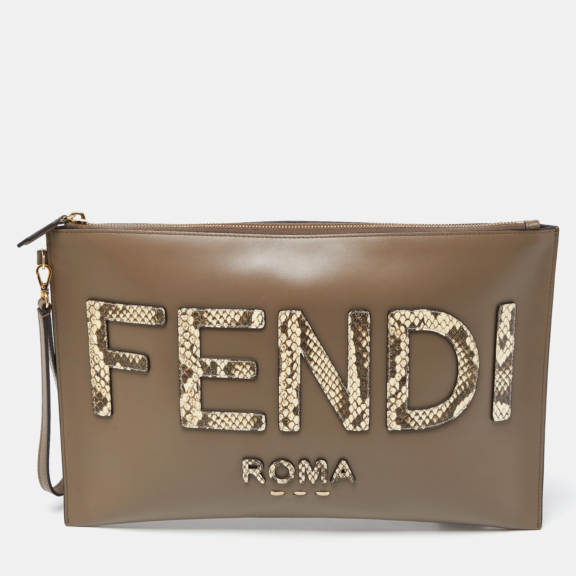 Fendi beige leather and python embossed leather roma flat wristlet pouch