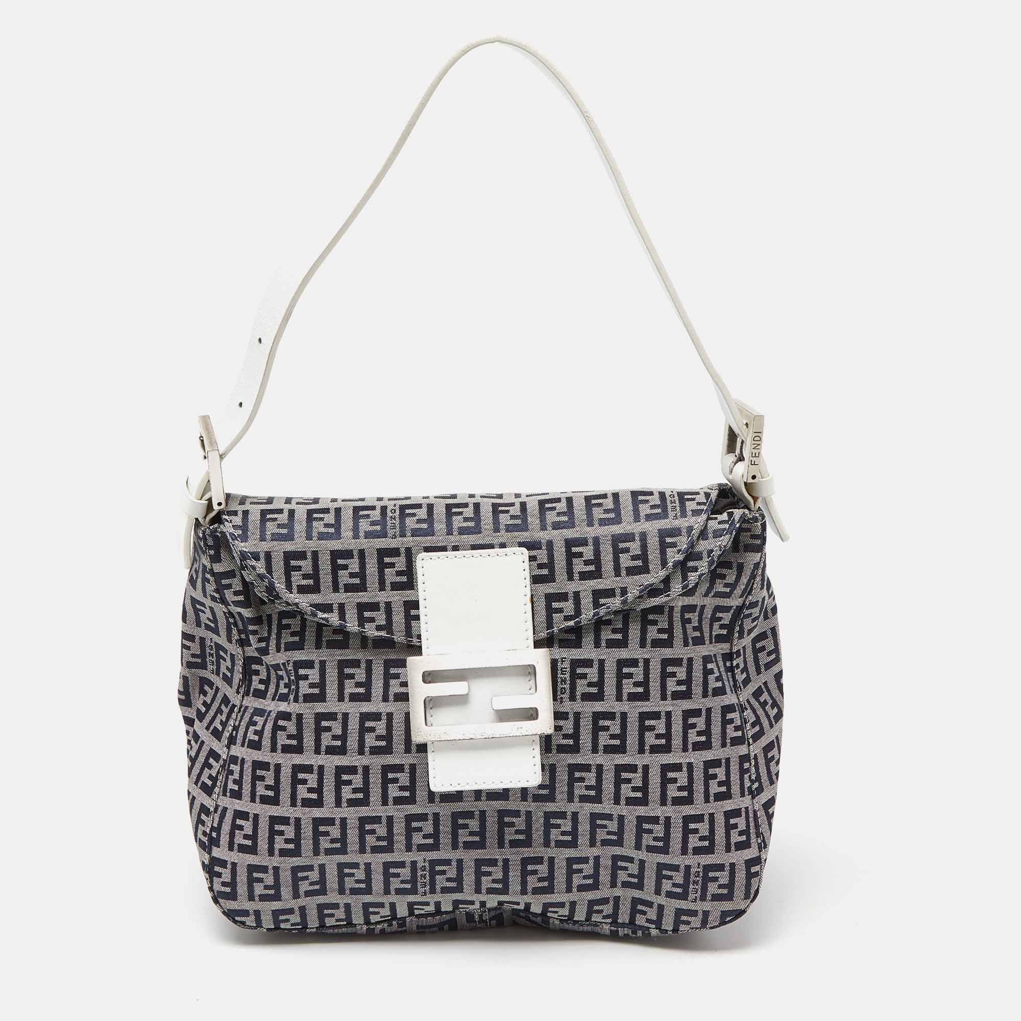 Fendi navy blue/white zucchino fabric and leather ff double flap bag