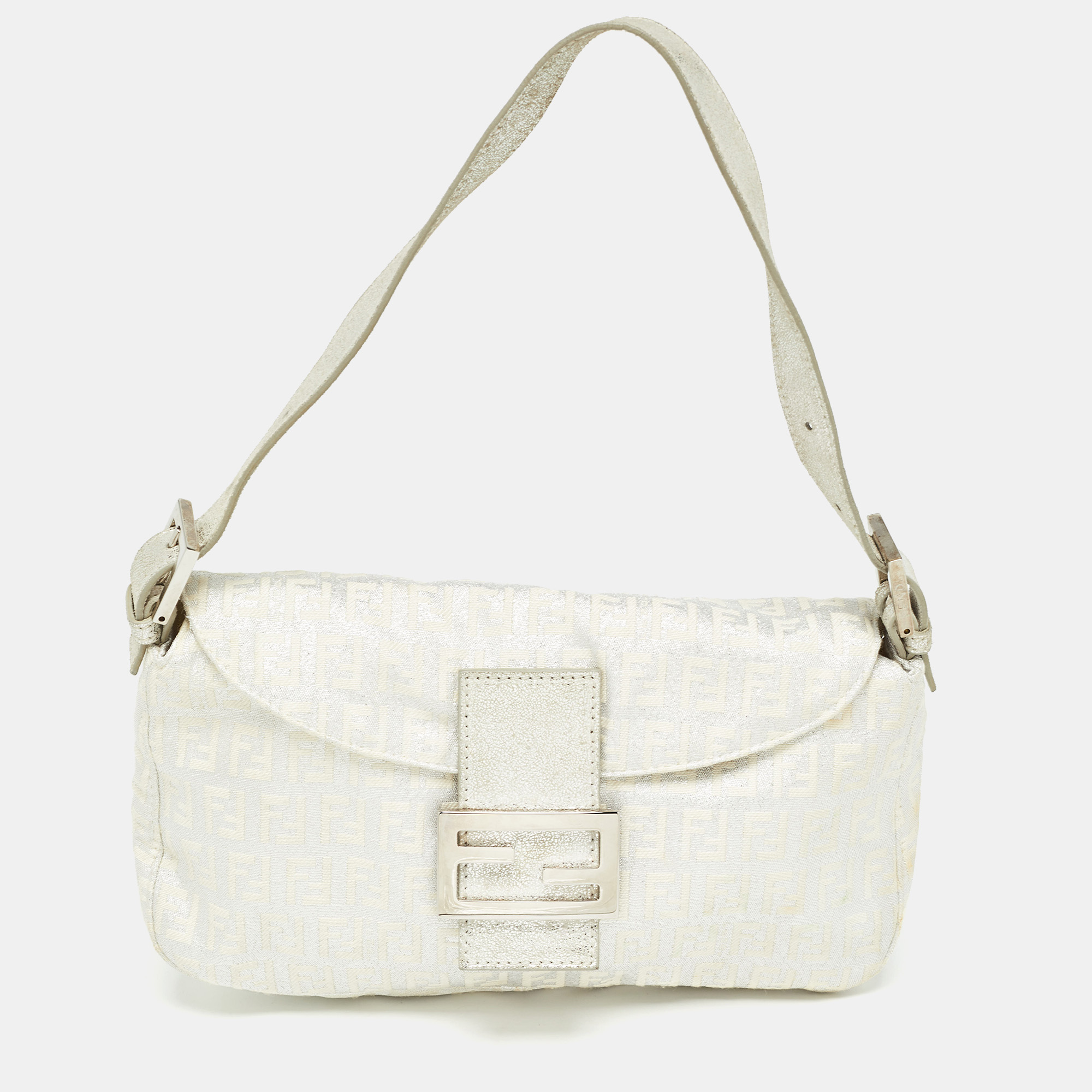 Fendi silver/white zucchino canvas and leather forever baguette bag