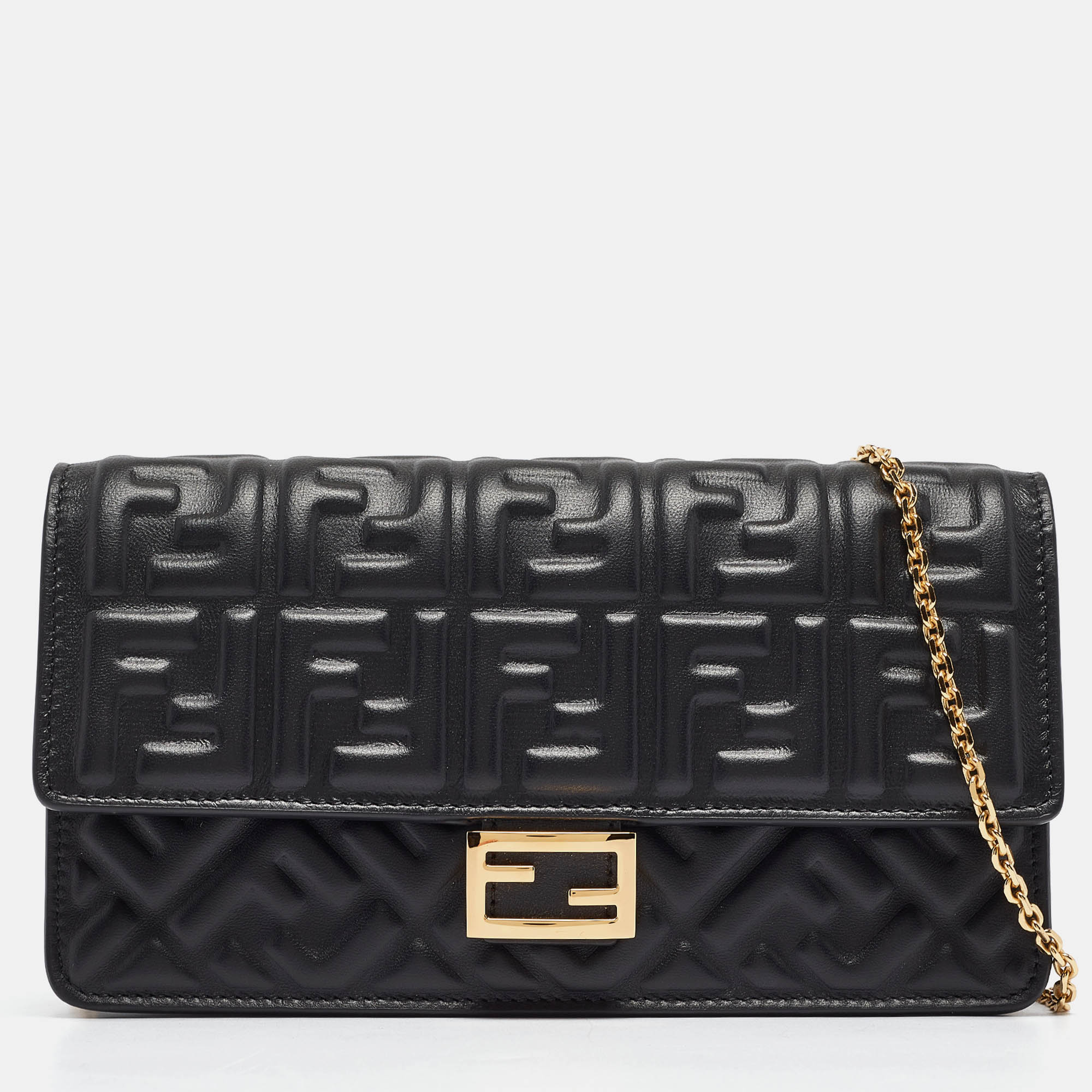 Fendi black zucca embossed leather baguette wallet on chain