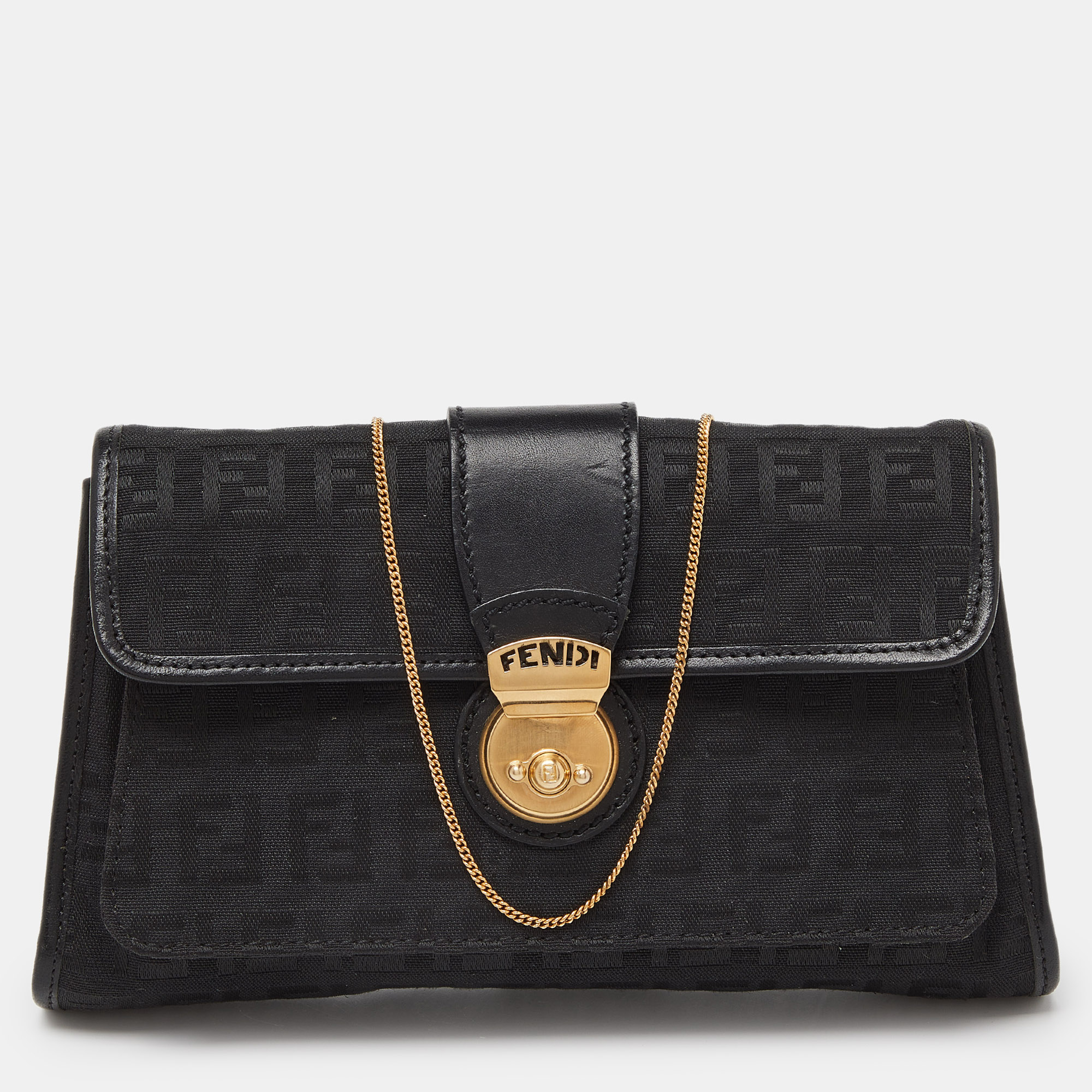 Fendi black zucchino canvas and leather wallet on chain