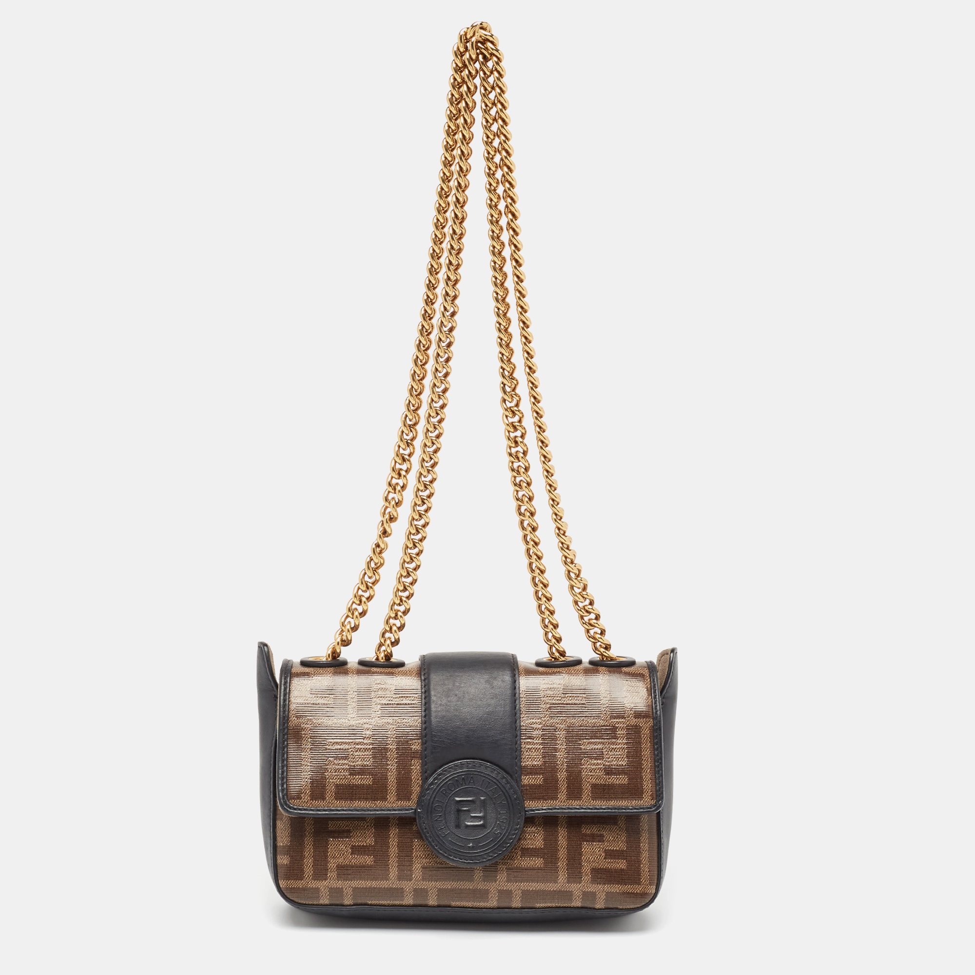 Fendi tobacco zucca coated canvas and leather mini 1974 chain shoulder bag