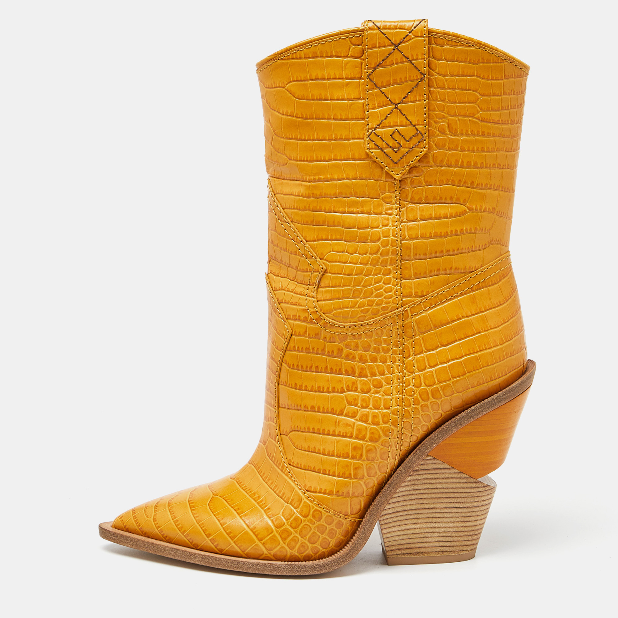 Fendi yellow croc embossed leather cowboy mid calf boots size 39