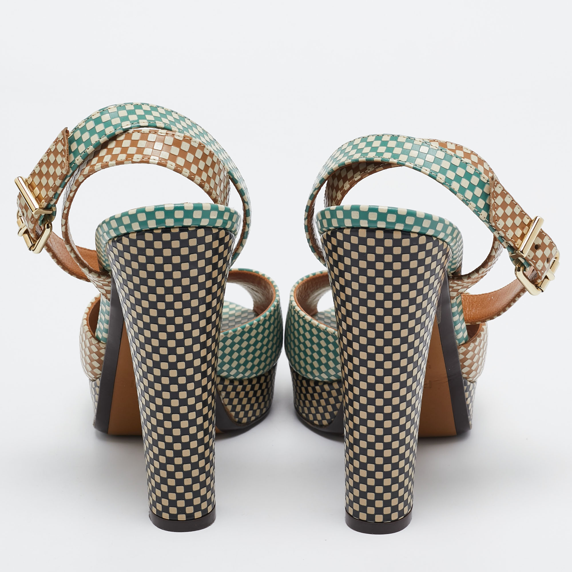 Fendi Brown/Green Checkered Leather Platform Ankle Strap Sandals Size 39