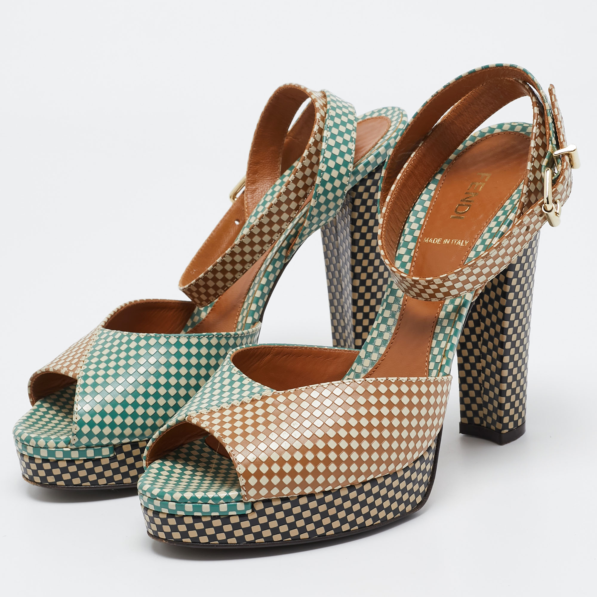 Fendi Brown/Green Checkered Leather Platform Ankle Strap Sandals Size 39