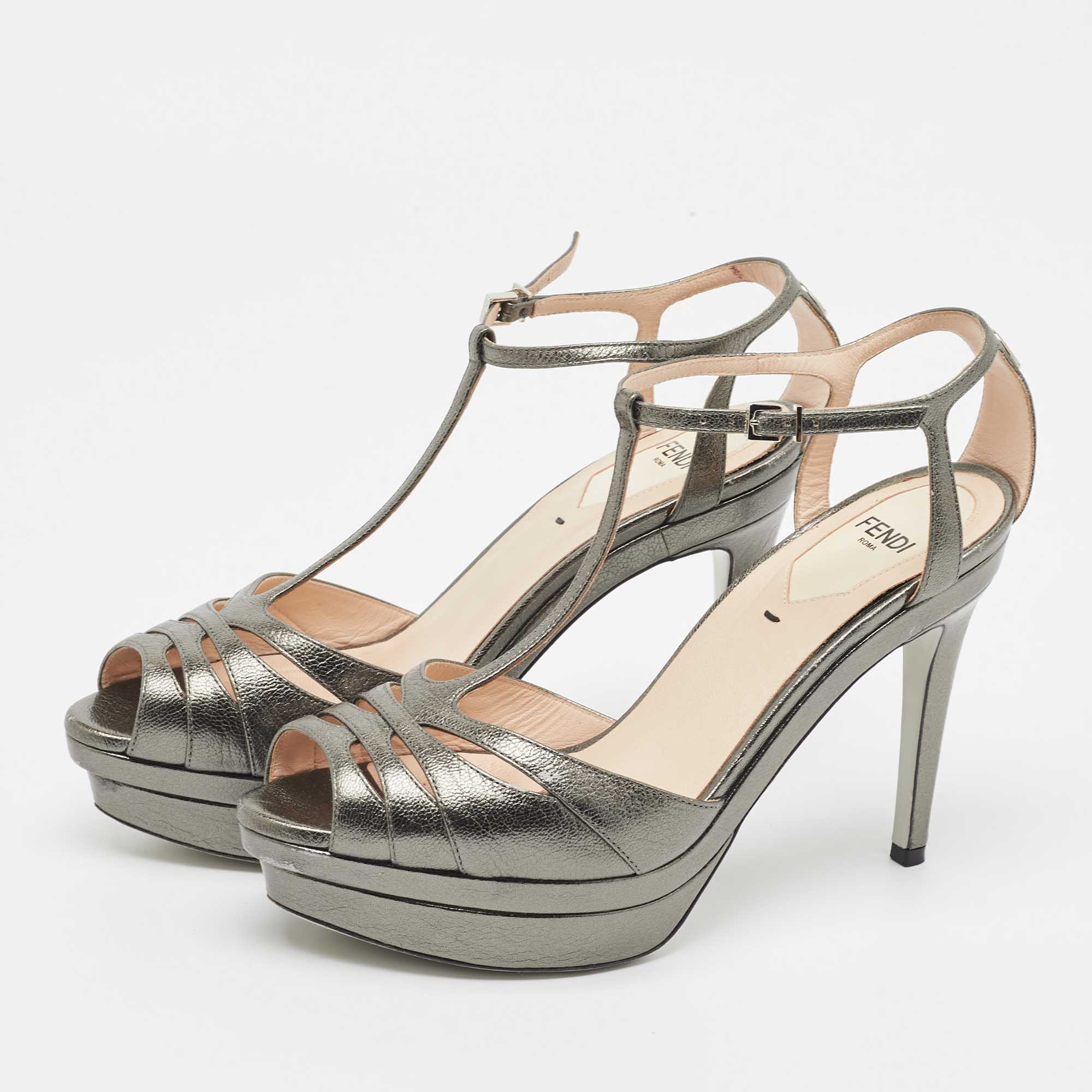 Fendi Metallic Grey Leather Platform T-Strap Sandals Size 36