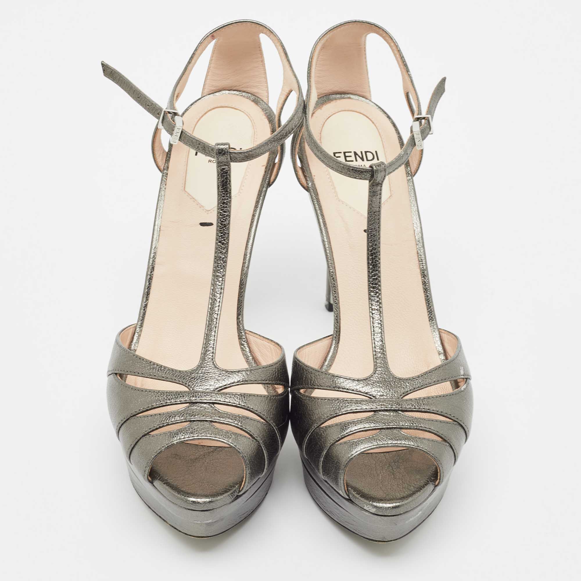 Fendi Metallic Grey Leather Platform T-Strap Sandals Size 36