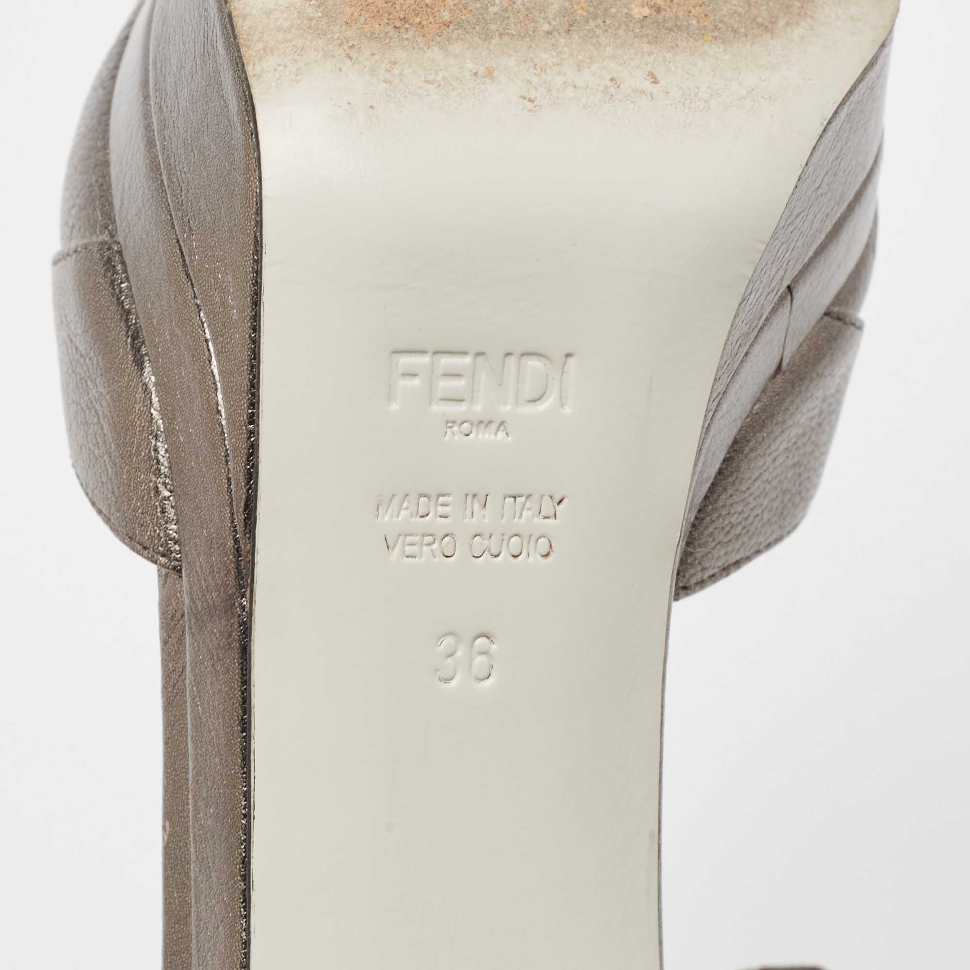 Fendi Metallic Grey Leather Platform T-Strap Sandals Size 36