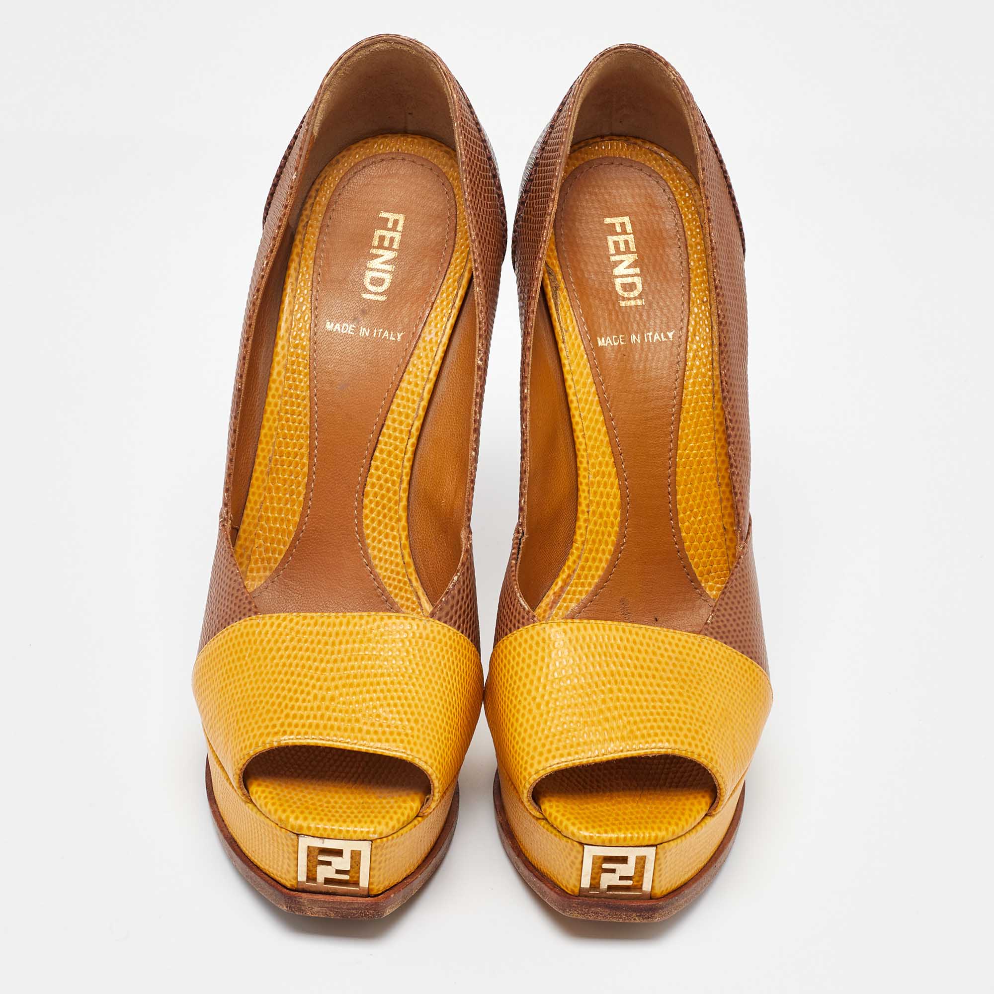 Fendi Tri Color Fendista Colorblock Lizard-Embossed Leather Peep Toe Platform Pumps Size 36