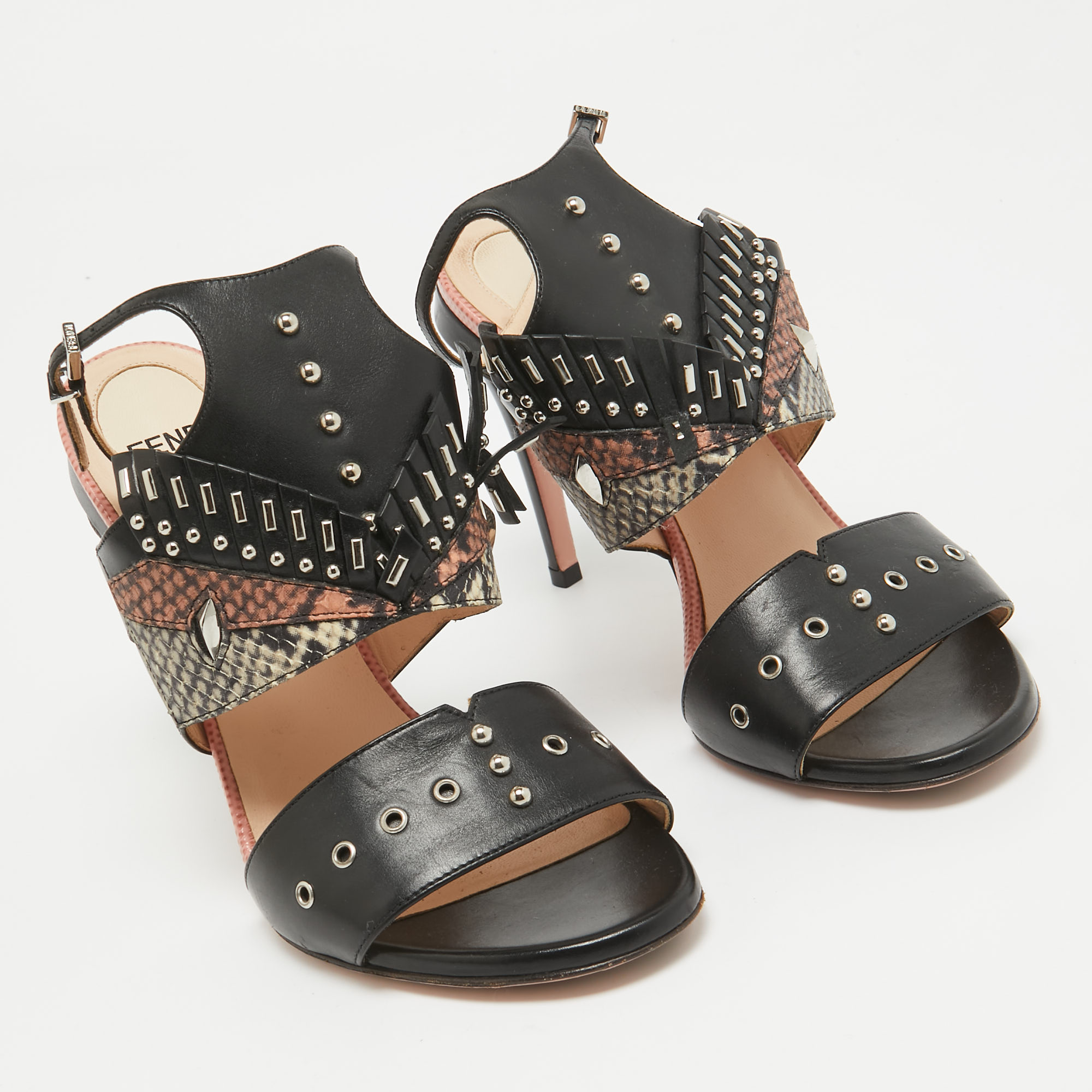 Fendi Black Studded Leather Rocker Bug Ankle-Strap Sandals Size 36