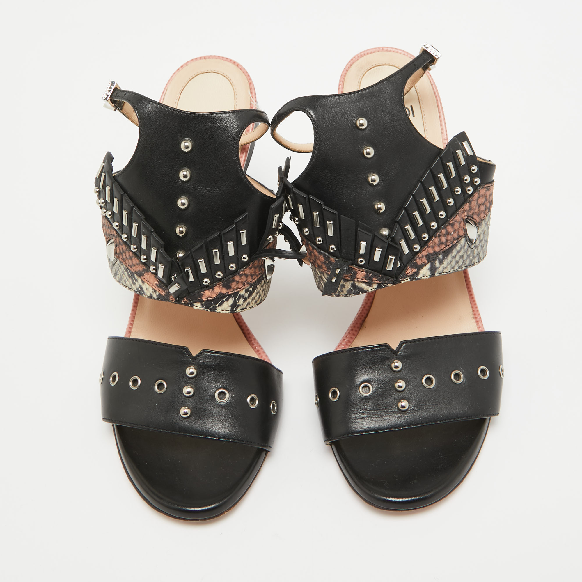 Fendi Black Studded Leather Rocker Bug Ankle-Strap Sandals Size 36