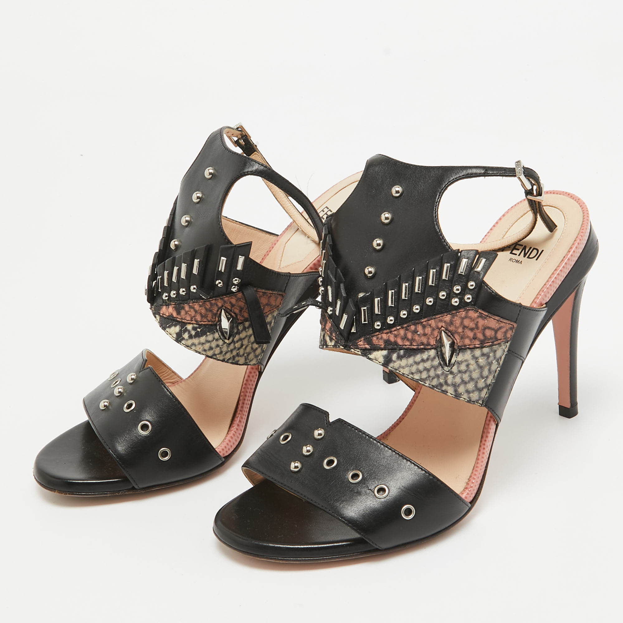 Fendi Black Studded Leather Rocker Bug Ankle-Strap Sandals Size 36