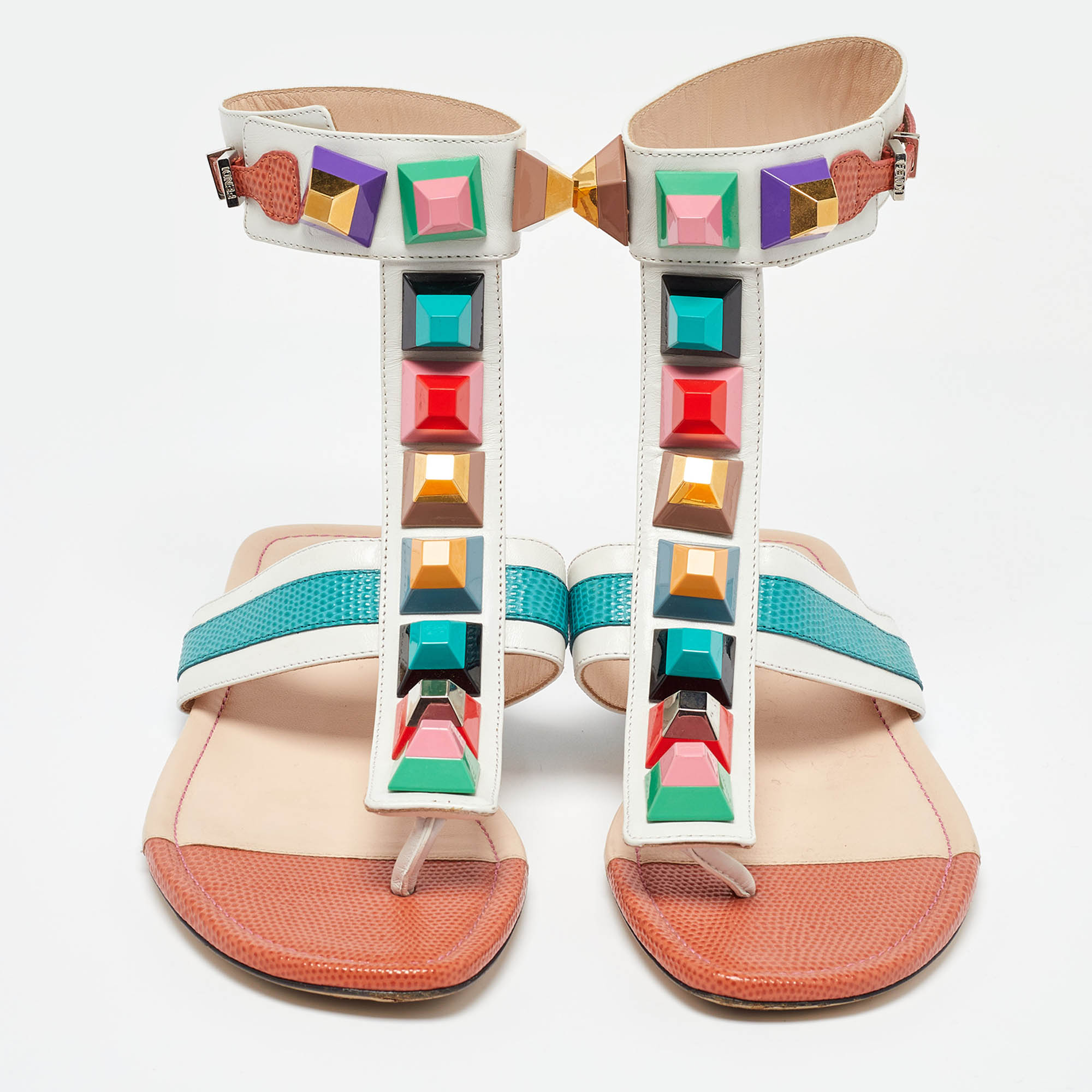 Fendi Multicolor Leather Studded Thong Flat Sandals Size 37