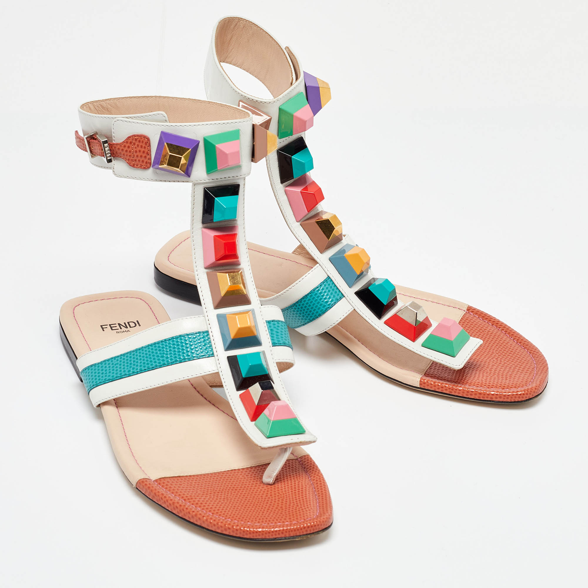 Fendi Multicolor Leather Studded Thong Flat Sandals Size 37