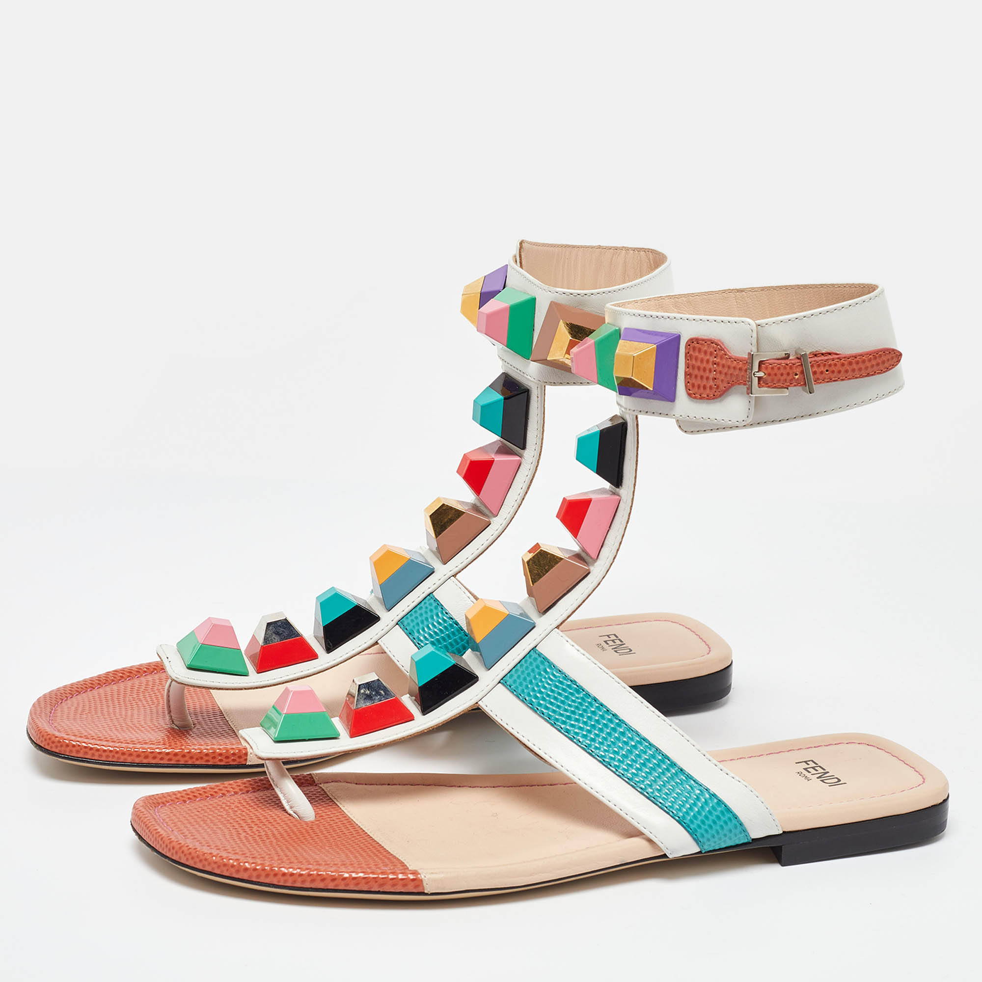 Fendi Multicolor Leather Studded Thong Flat Sandals Size 37