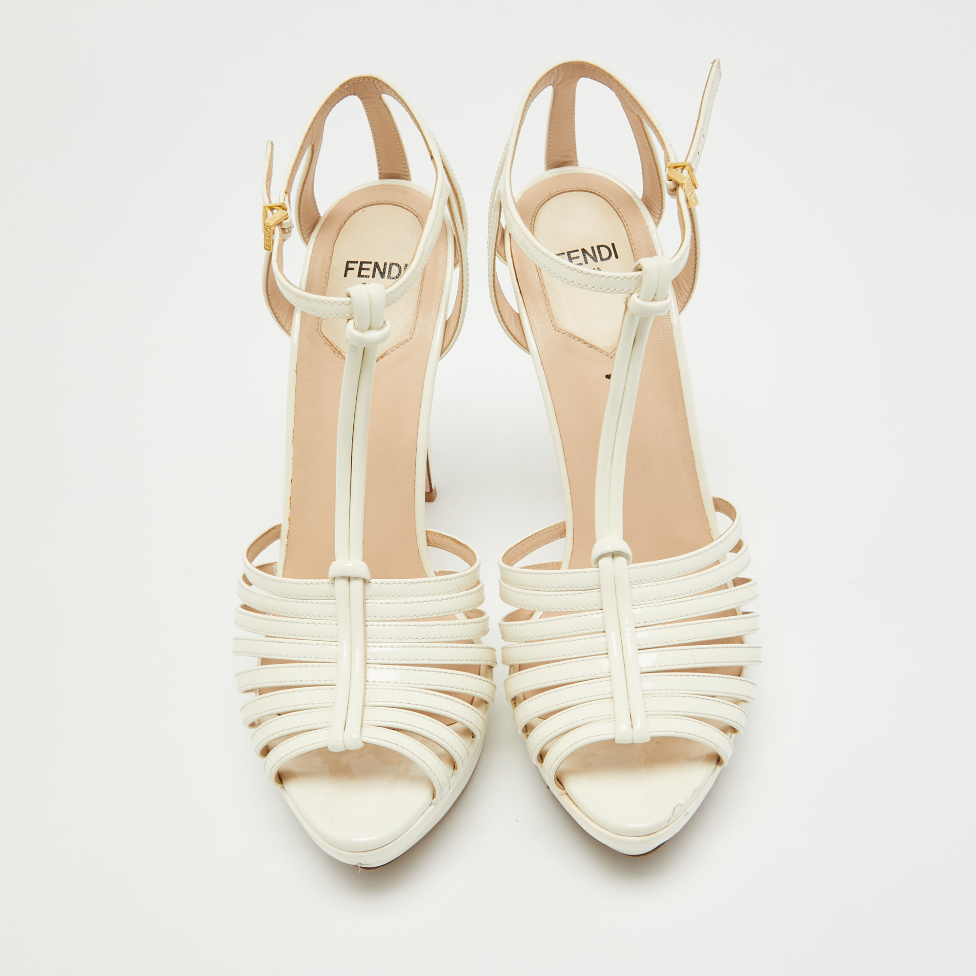 Fendi Cream Patent Leather  T-Strap Sandals Size 37