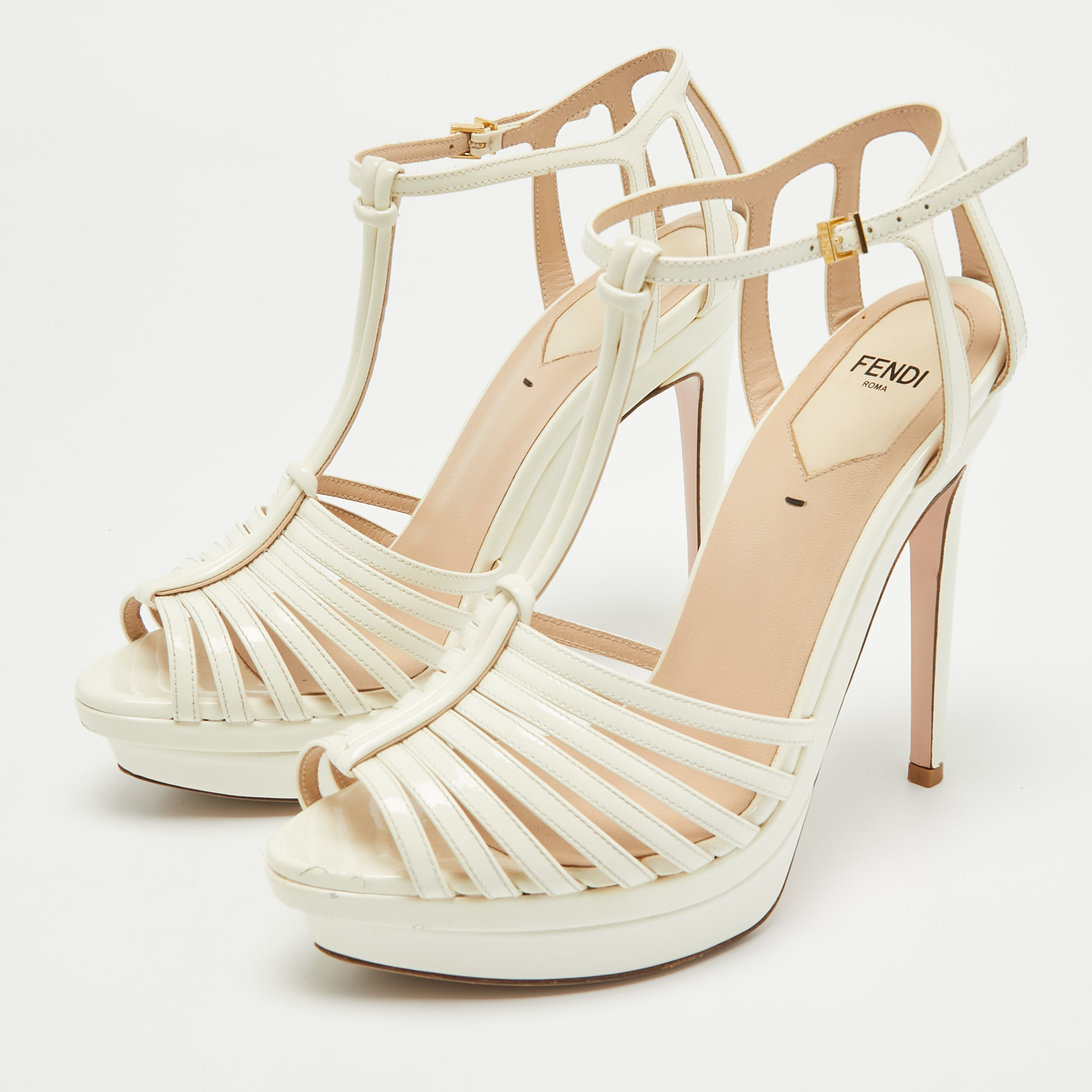 Fendi Cream Patent Leather  T-Strap Sandals Size 37