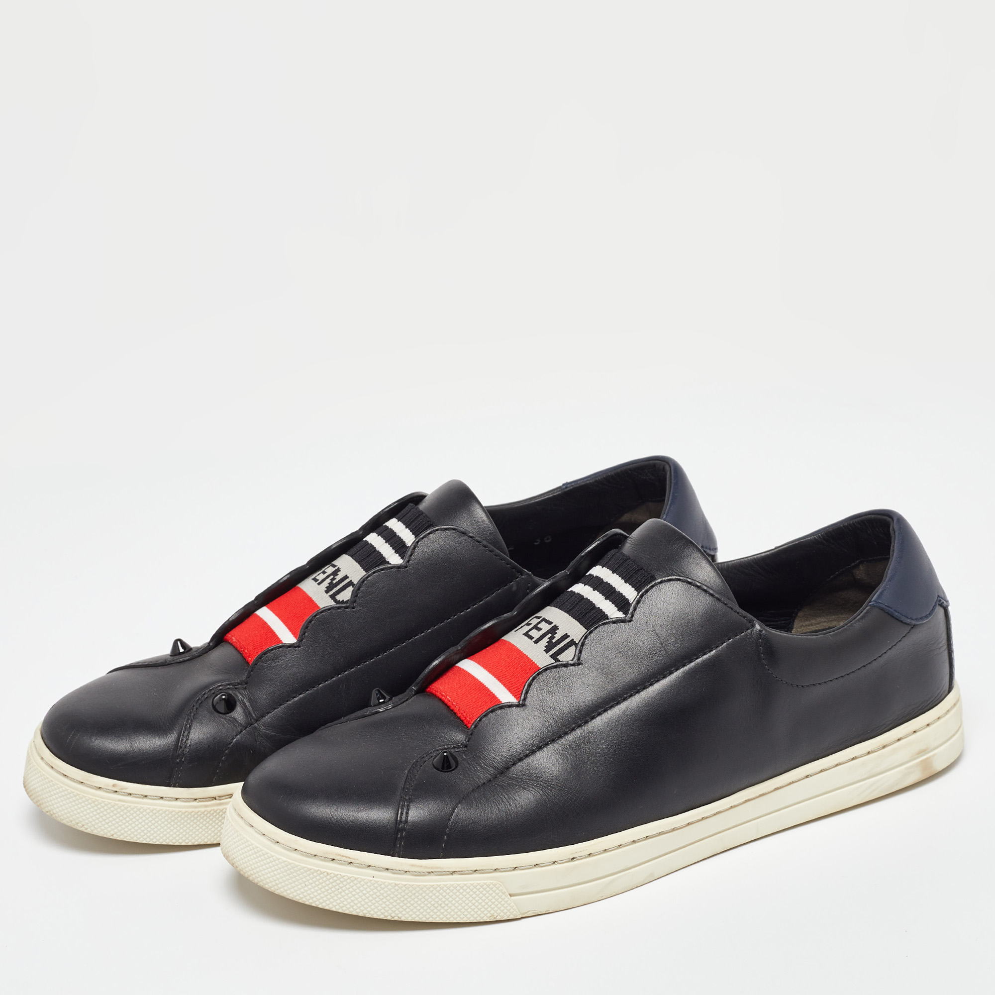 Fendi Black/Blue Leather Scallop Detail Slip On Sneakers Size 38