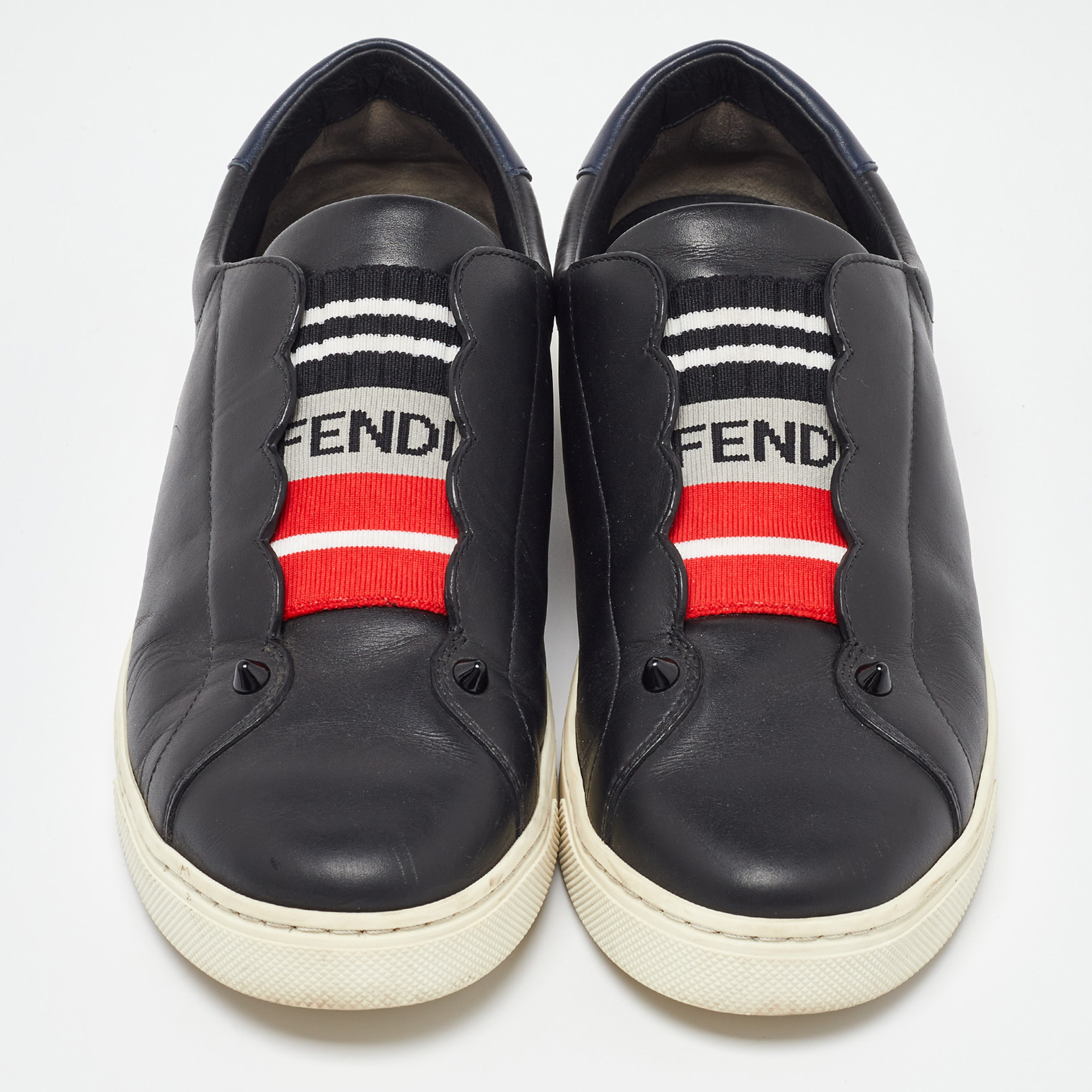 Fendi Black/Blue Leather Scallop Detail Slip On Sneakers Size 38