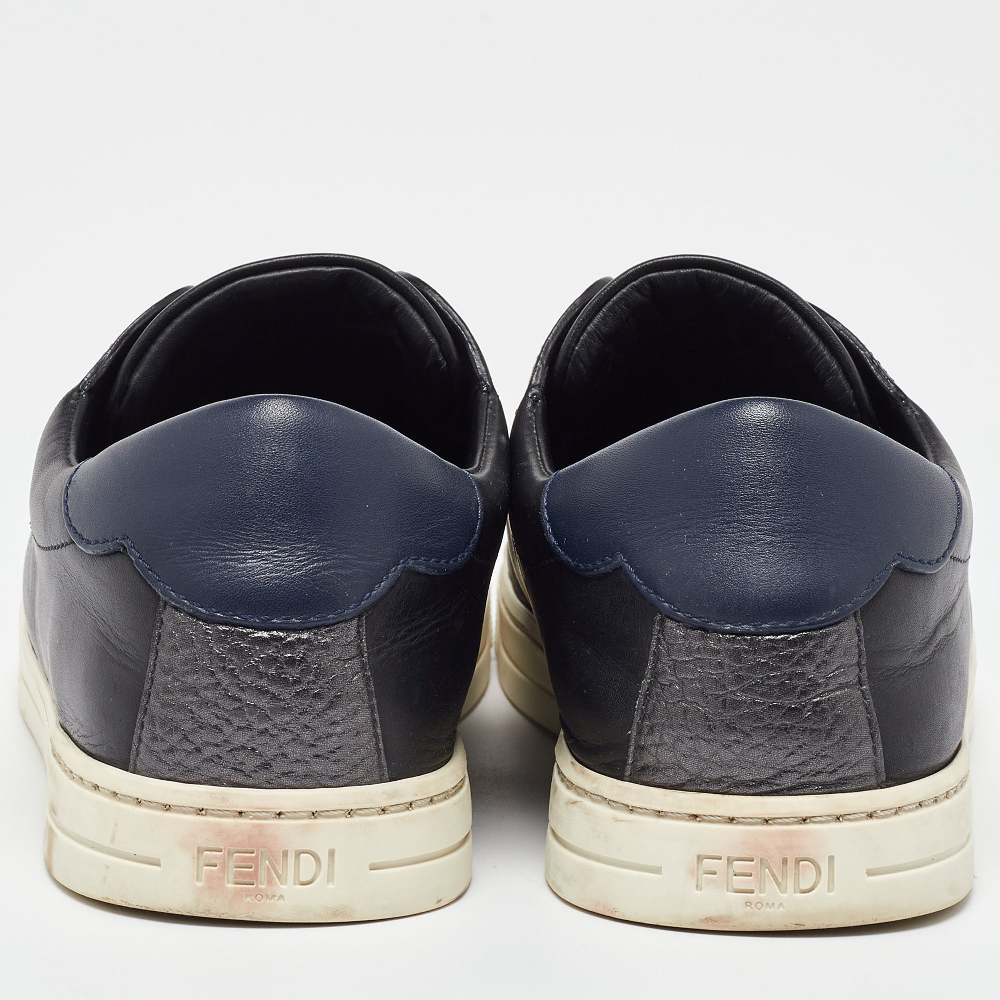 Fendi Black/Blue Leather Scallop Detail Slip On Sneakers Size 38