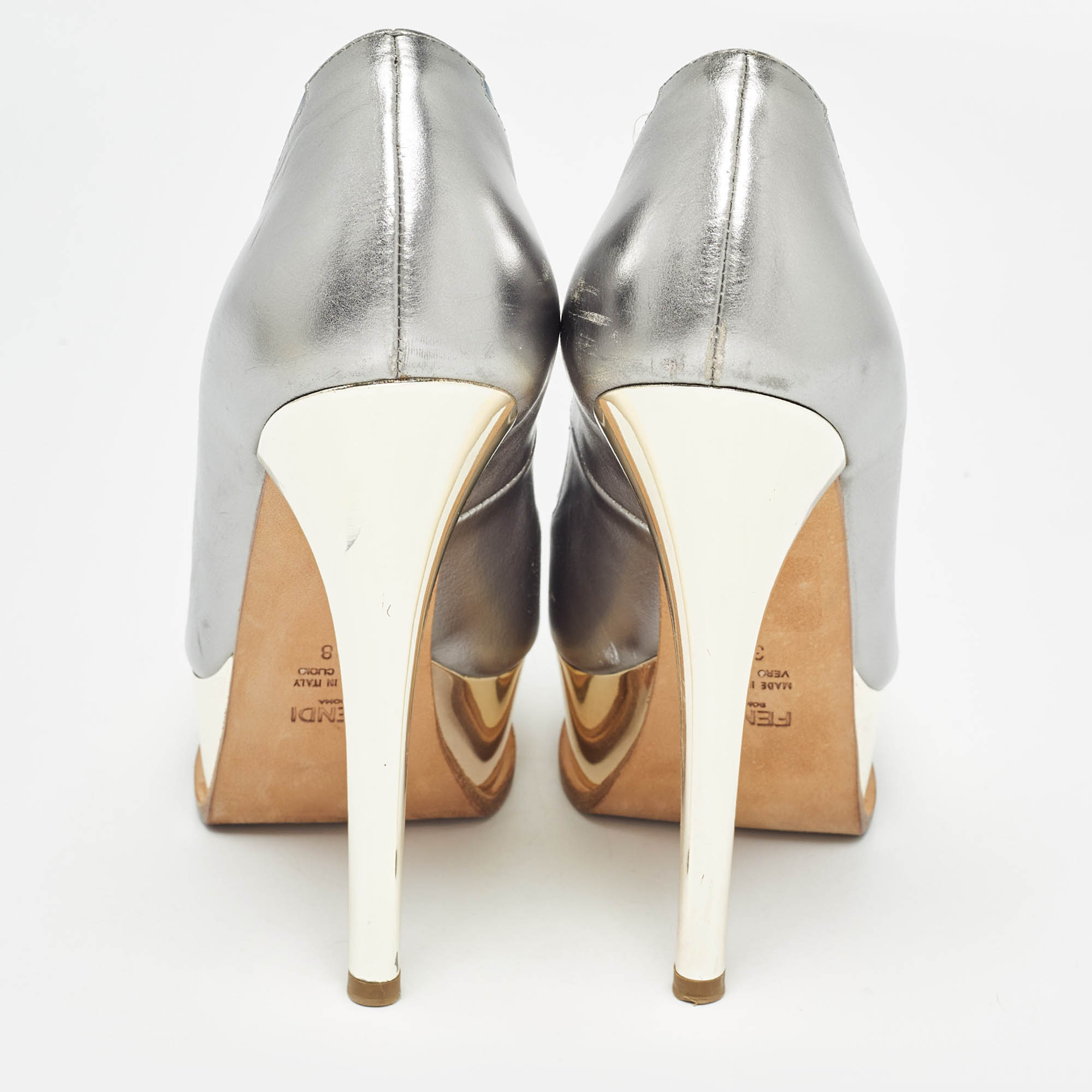 Fendi Silver Leather Fendista Peep Toe Pumps Size 38