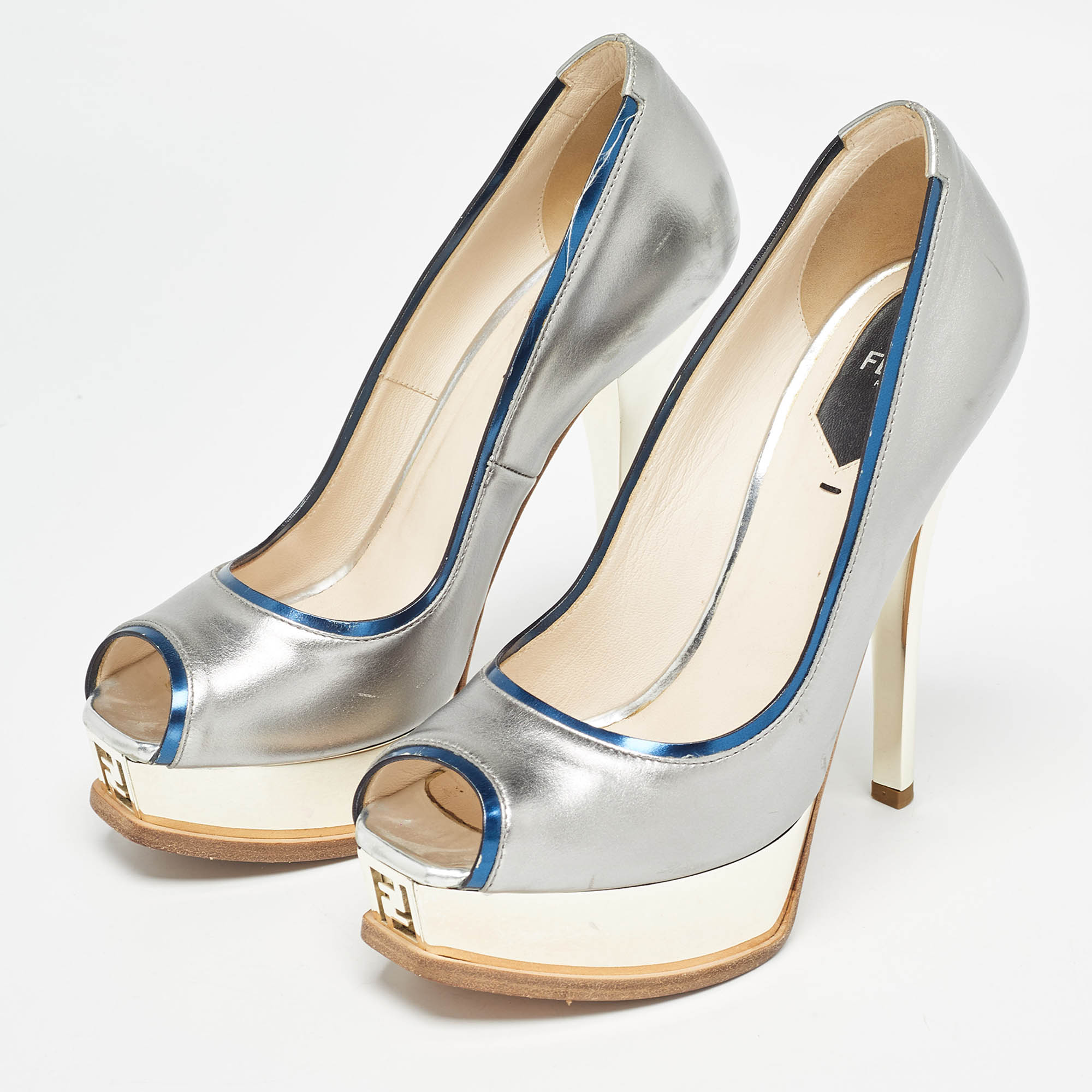 Fendi Silver Leather Fendista Peep Toe Pumps Size 38