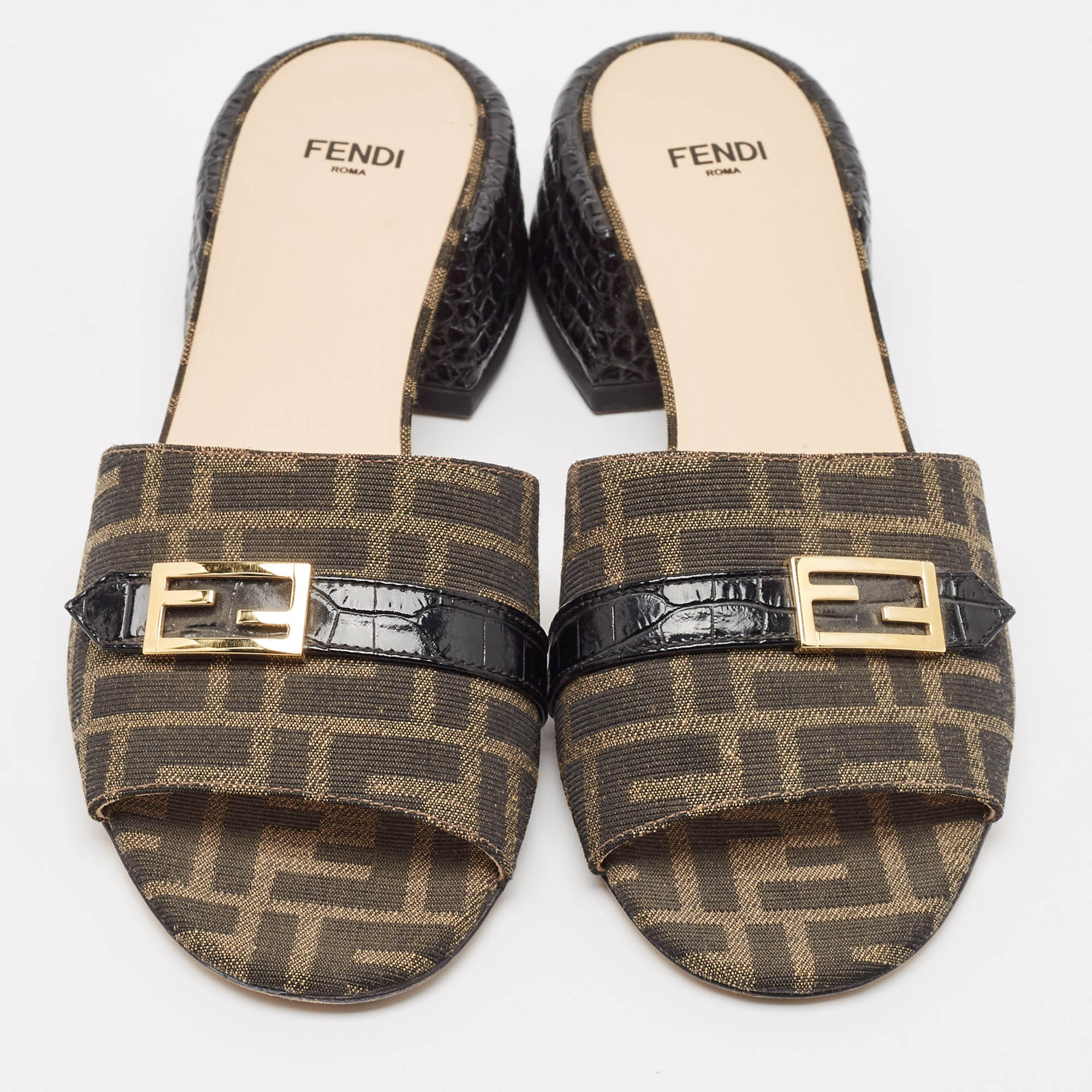 Fendi Green Canvas And Croc Embossed Leather Slide Sandals Size 39