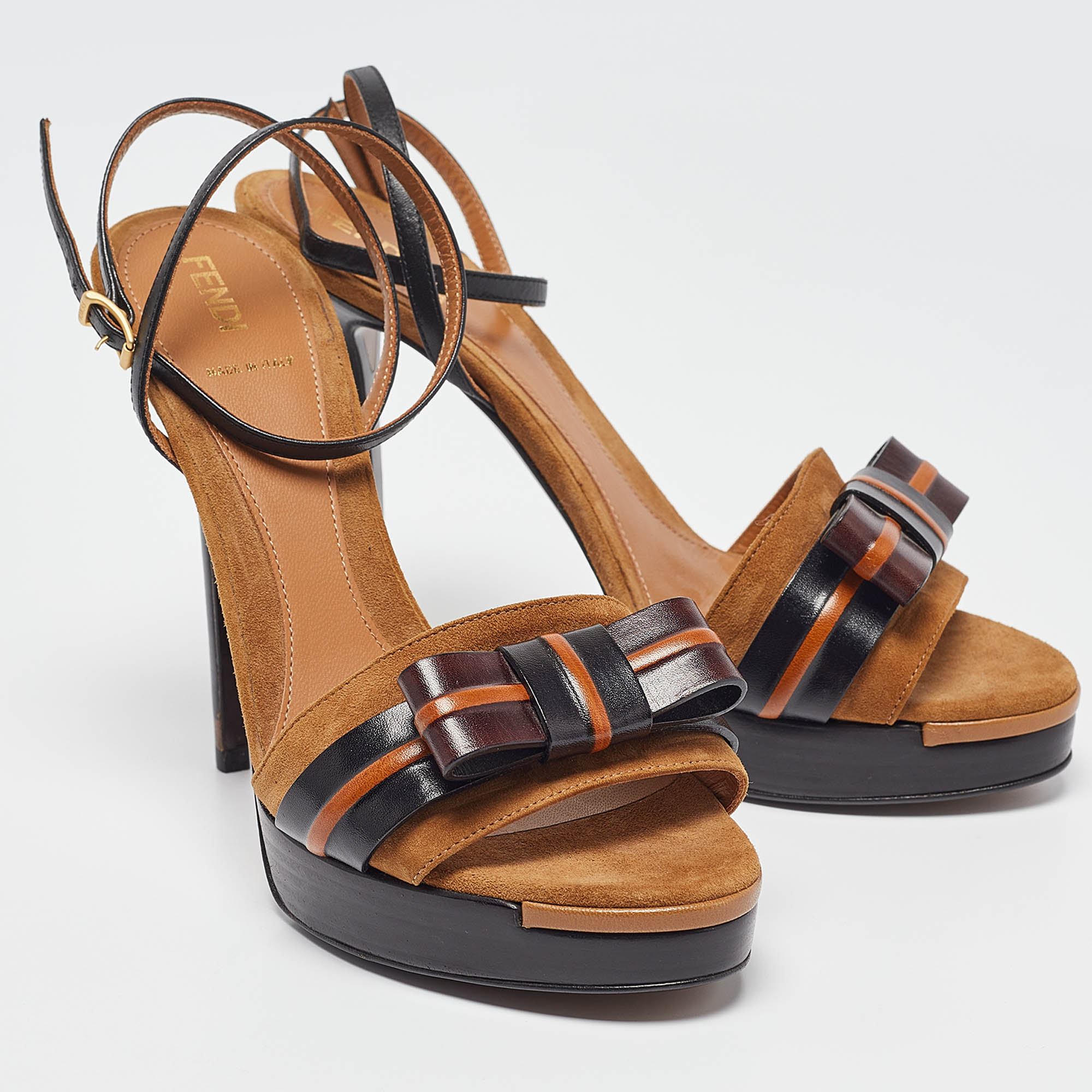 Fendi Brown Leather And Suede Ankle Strap Sandals Size 40