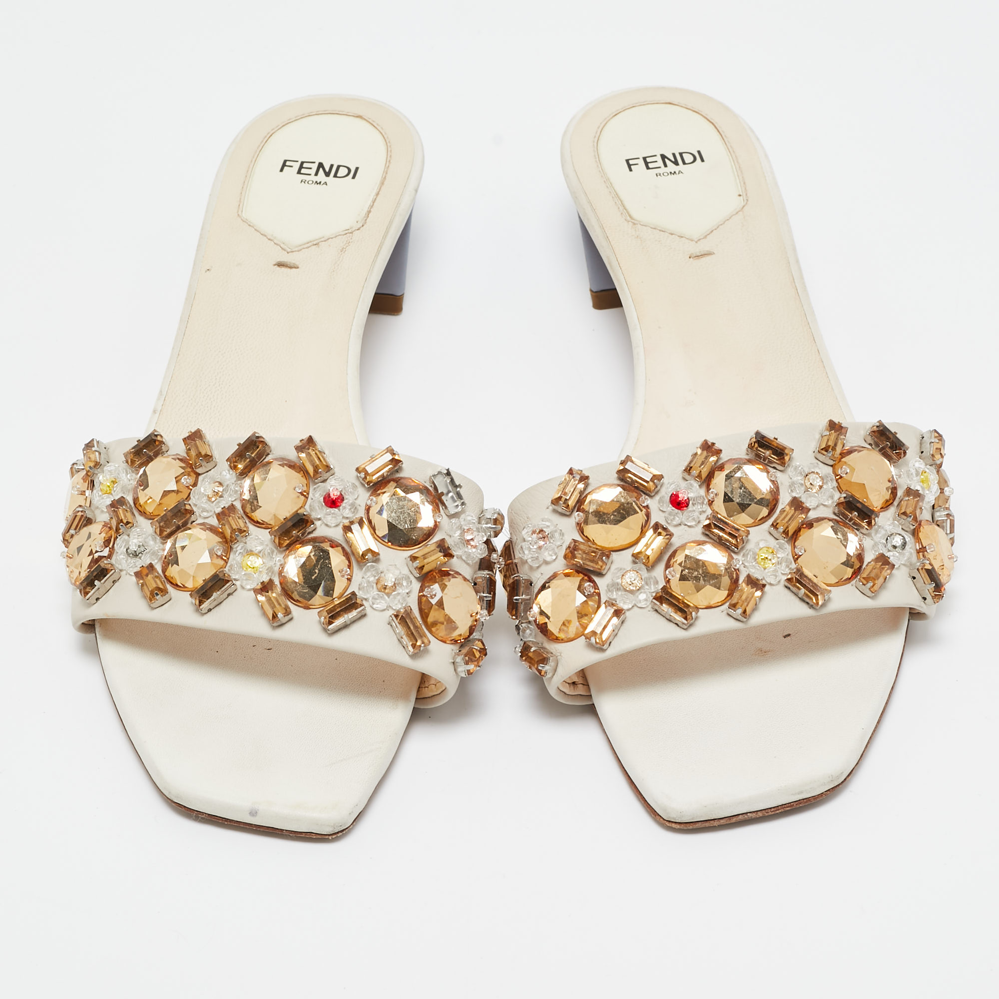 Fendi Cream Leather Crystal Embellished Flat Slides Size 39