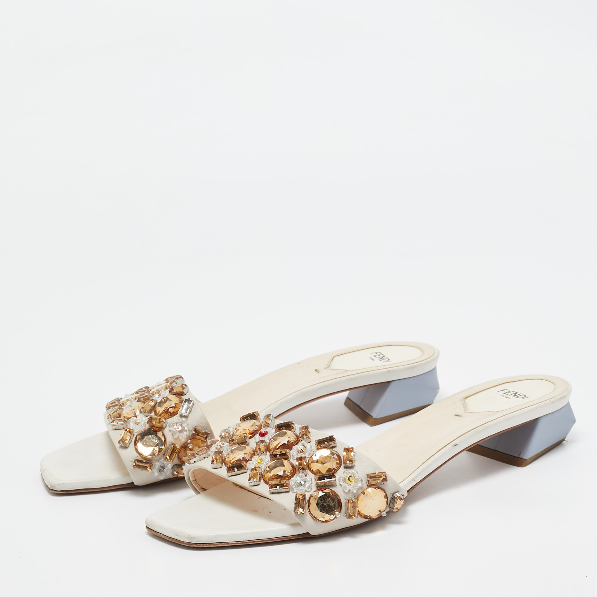 Fendi Cream Leather Crystal Embellished Flat Slides Size 39