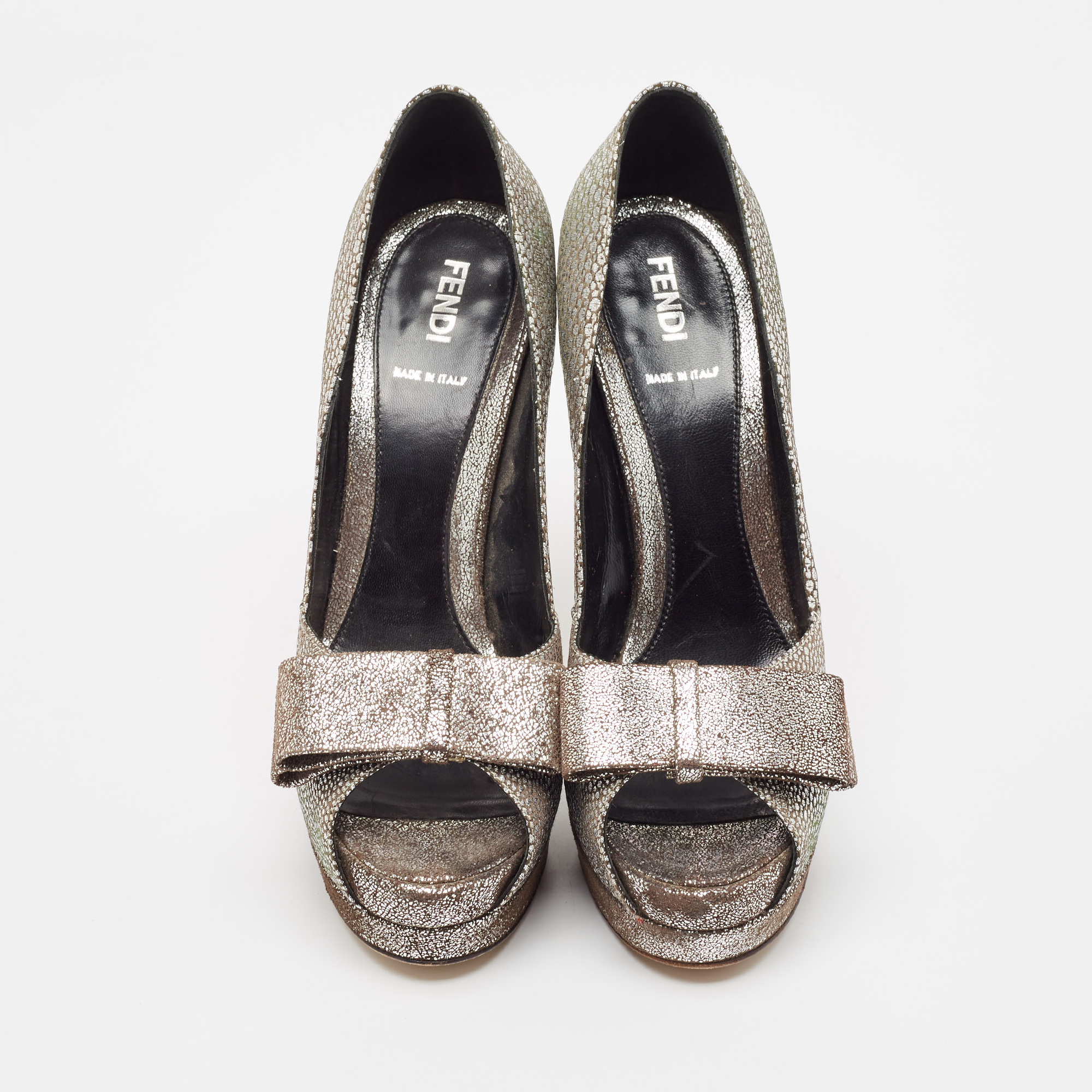 Fendi Silver/Brown Brocade Fabric Bow Peep Toe Platform Pumps Size 38.5