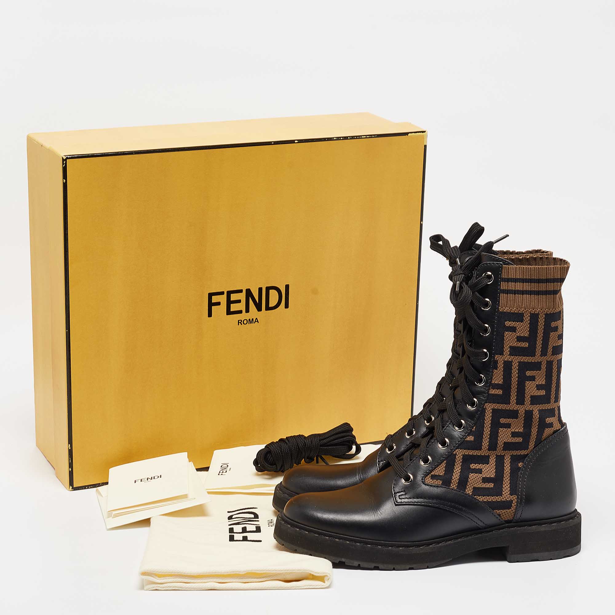 Fendi Black Canvas And Leather Rockoko Ankle Length Boots Size 36