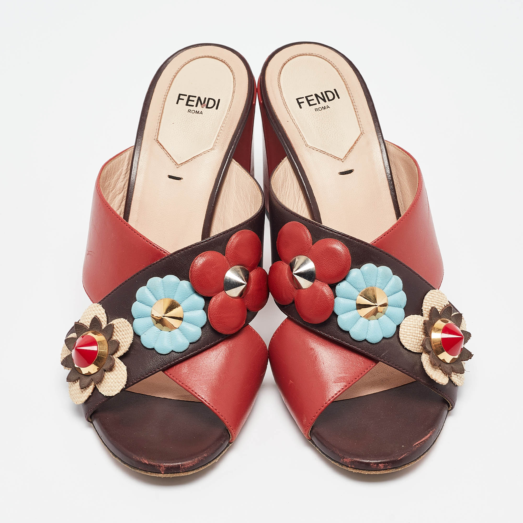 Fendi Red/Brown Leather Flowerland Slide Sandals Size 37