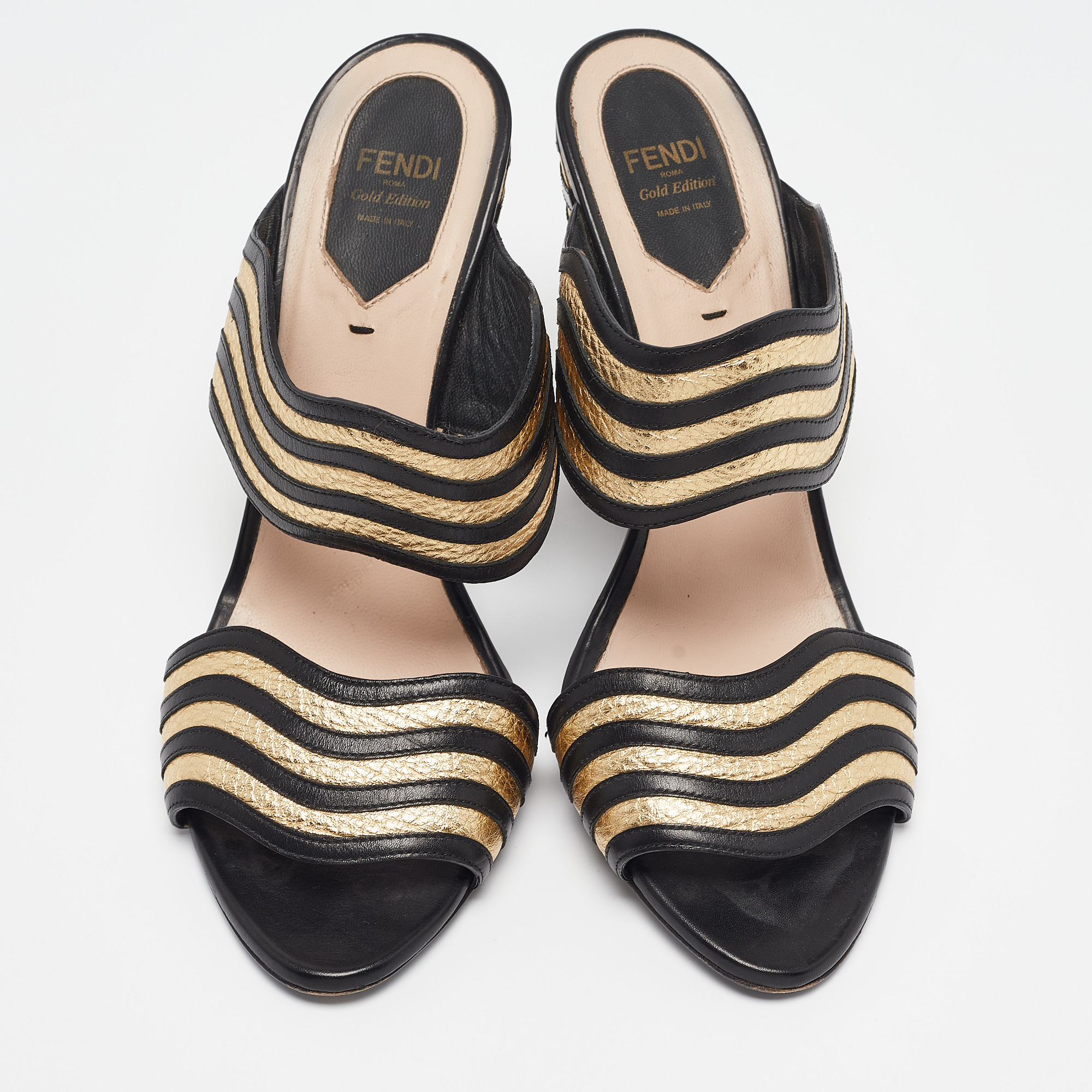 Fendi Black/Gold Leather Wave Striped Slide Sandals Size 39