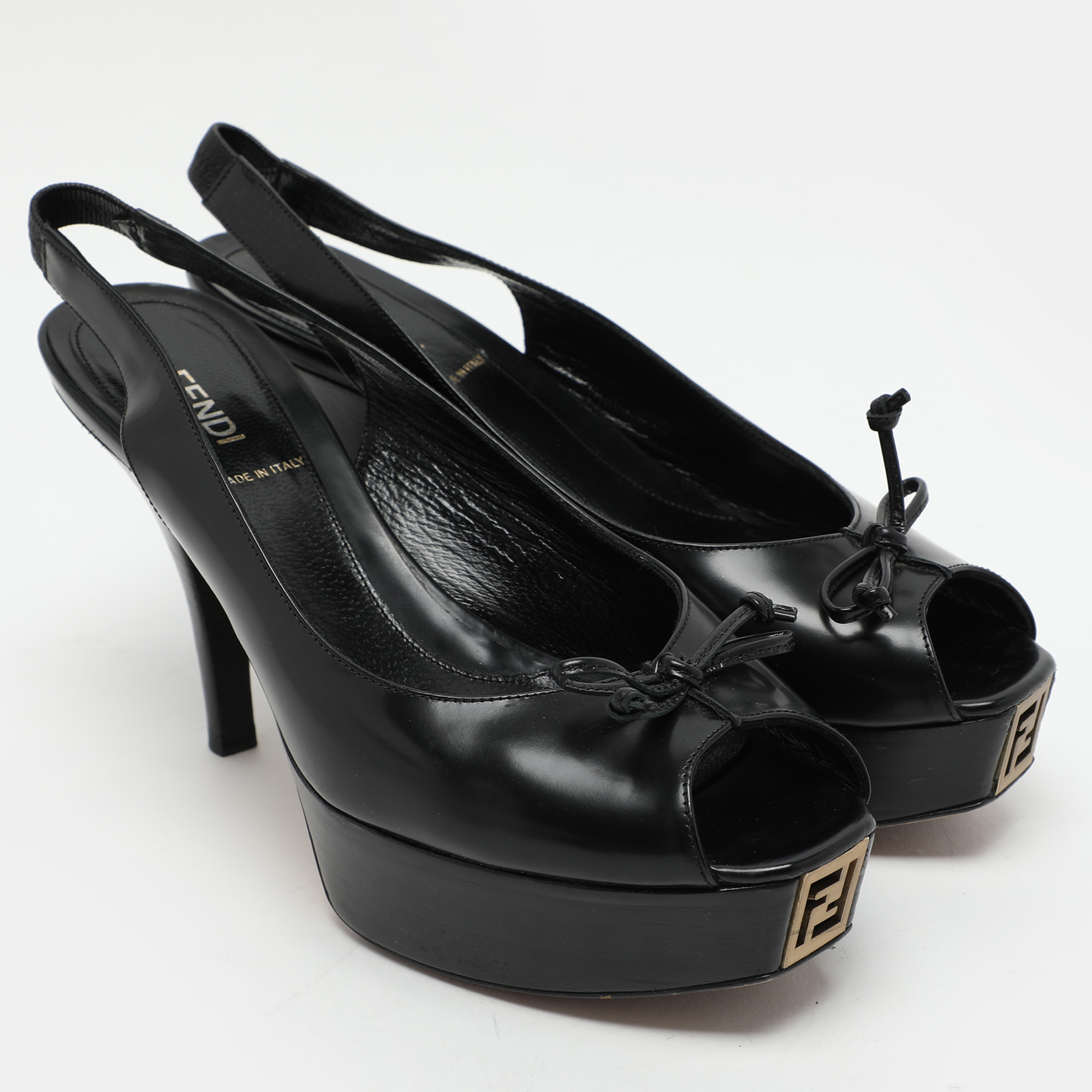 Fendi Black Leather Fendista Platform Slingback Pumps Size 38