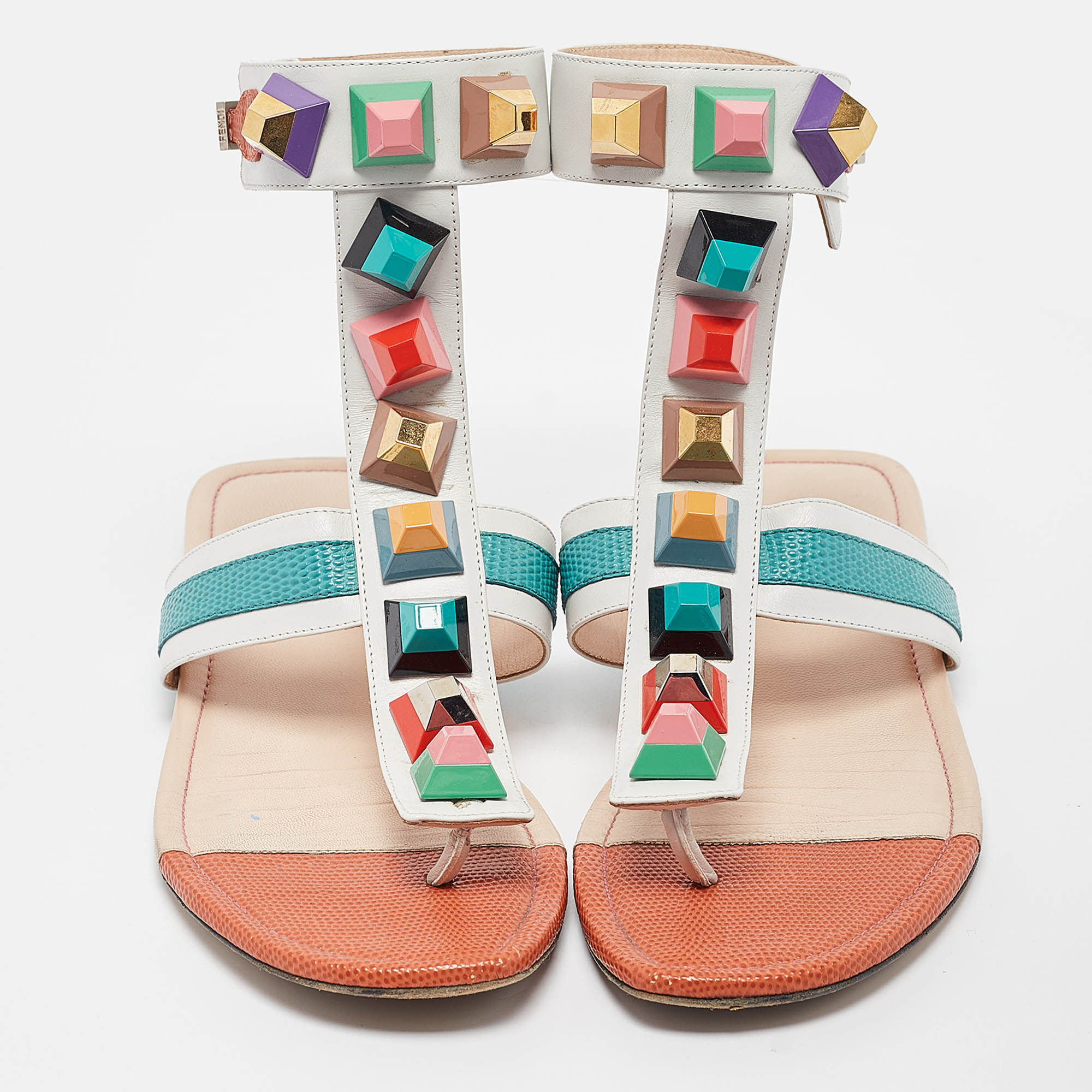 Fendi Multicolor Leather Studded Thong Flat Sandals Size 40