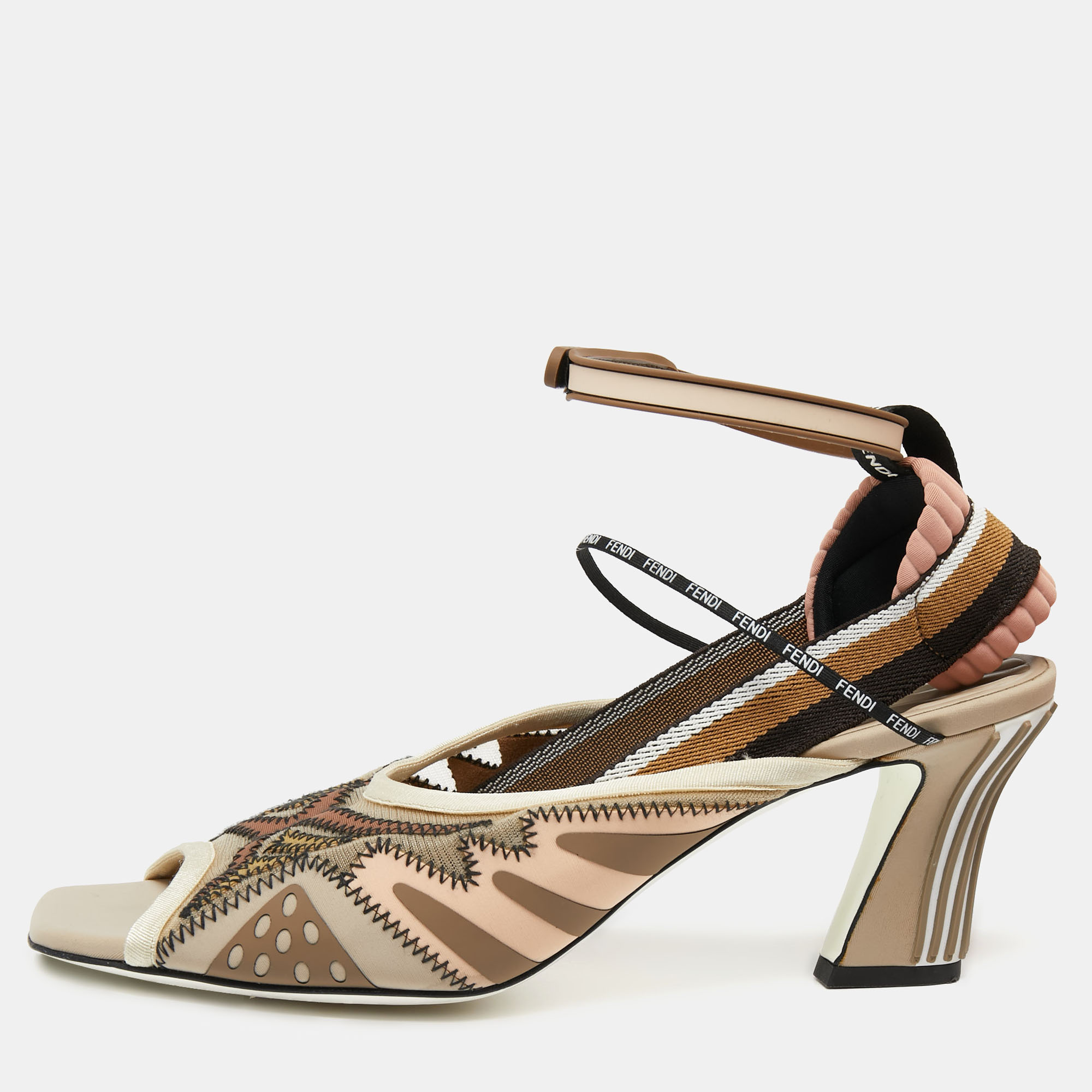 Fendi Multicolor Canvas And Mesh Slingback Ankle Strap Sandals Size 36