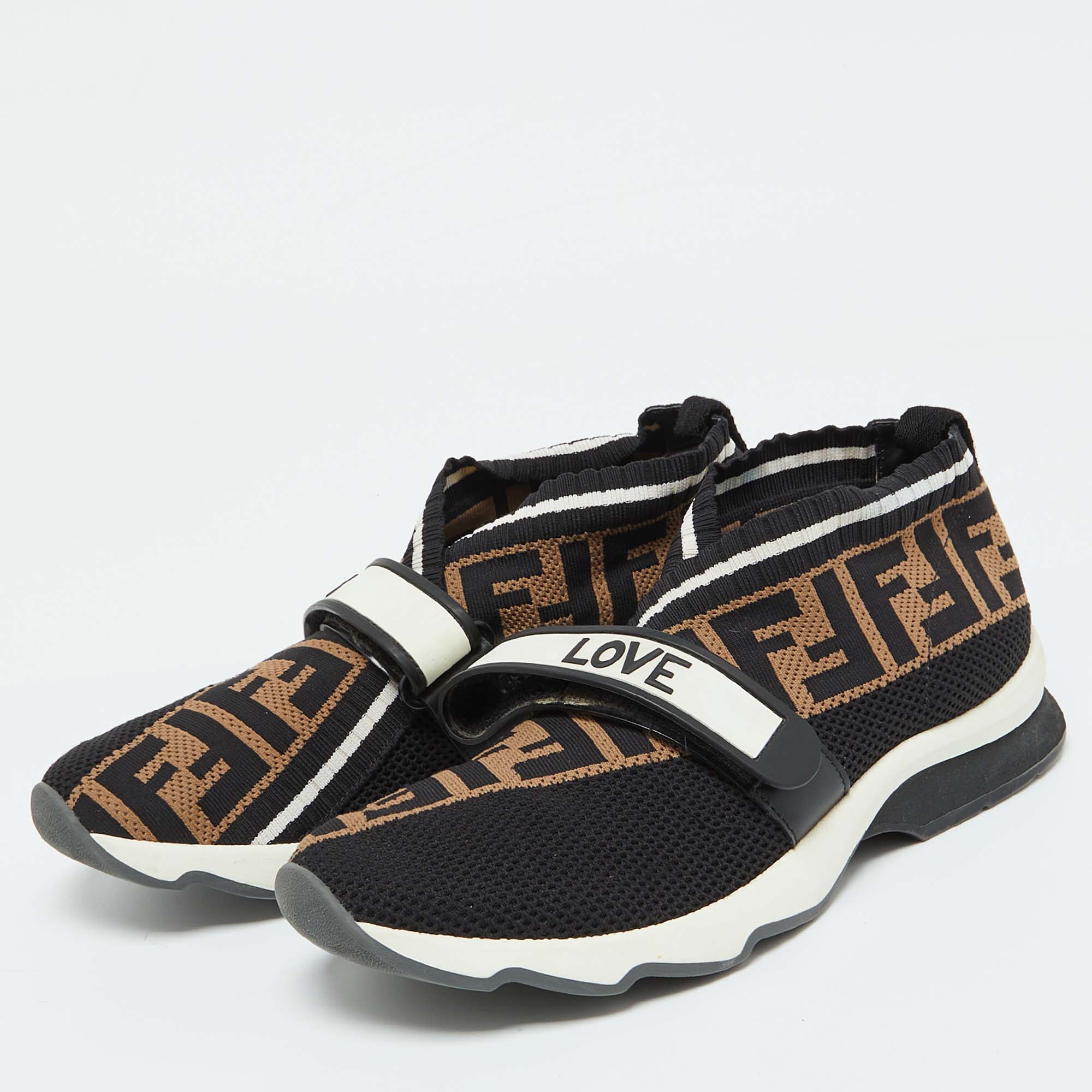 Fendi Black/Brown Zucca Knit Fabric Rockoko Slip On Sneakers Size 38